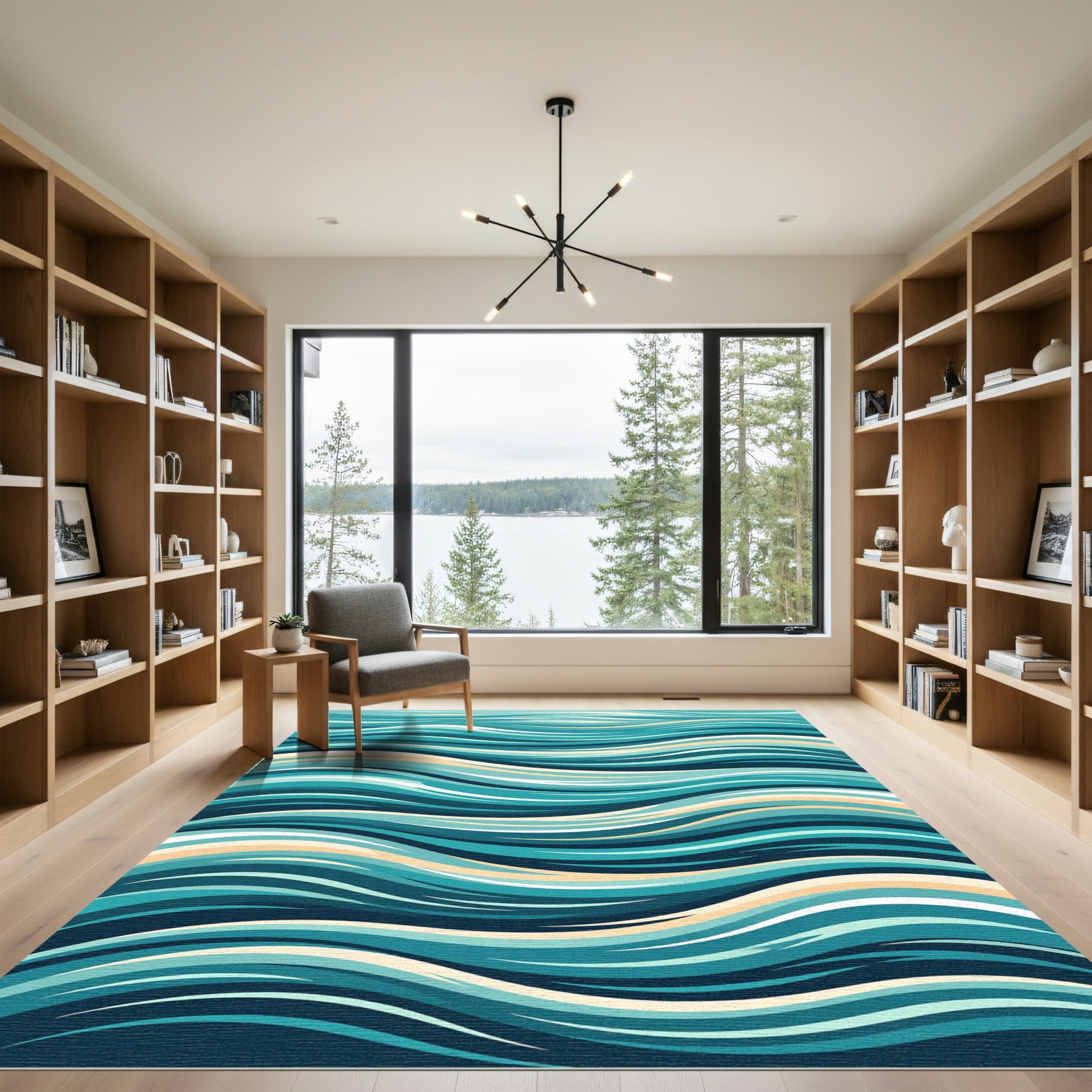 Abstract Teal Flowing Ocean Wave Rug