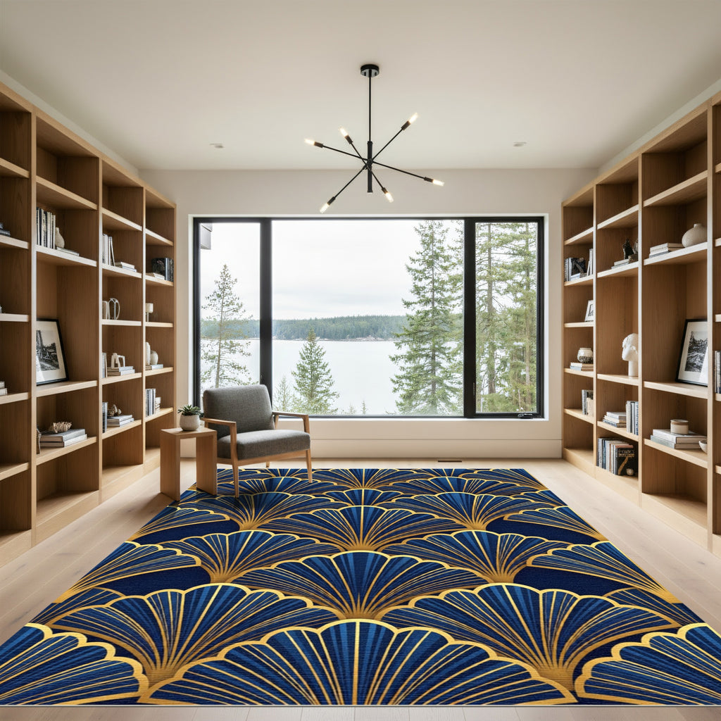 Gold Art Deco Fan Midnight Blue Rug