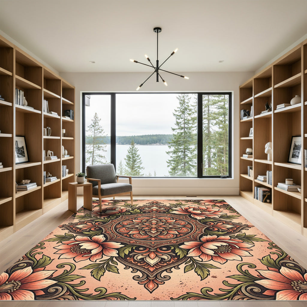 Elegant Salmon Floral Medallion Scroll Rug