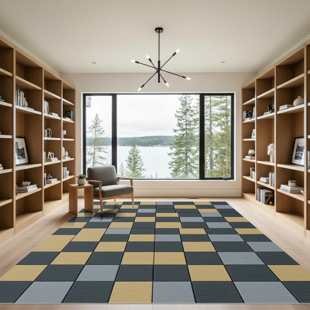 Khaki Charcoal Gray Checkerboard Blocks Rug