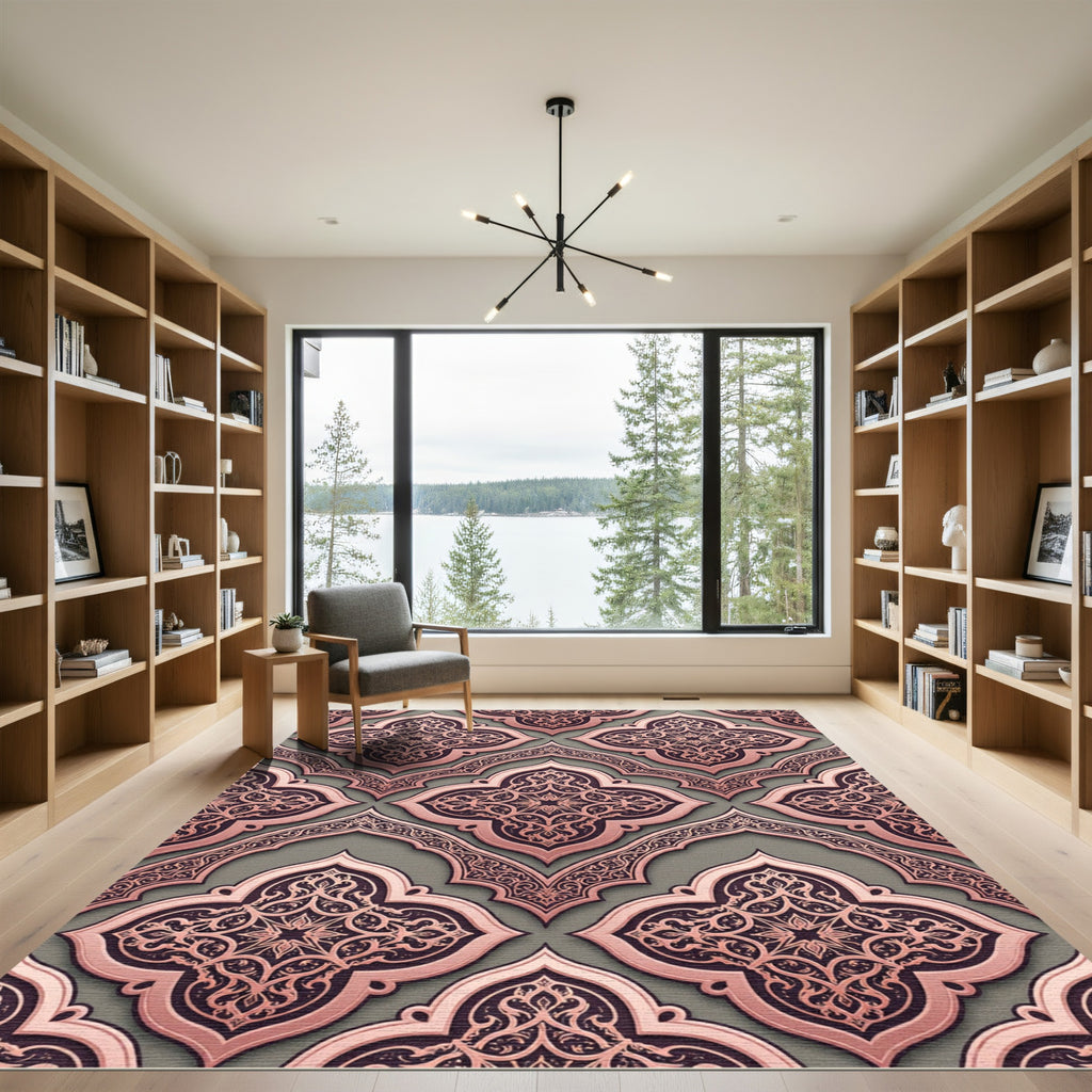 Rose Gold Quatrefoil Arabesque Medallion Rug