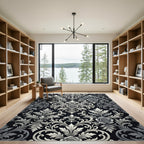 Black Silver Damask Rose Foliage Scrolls Rug
