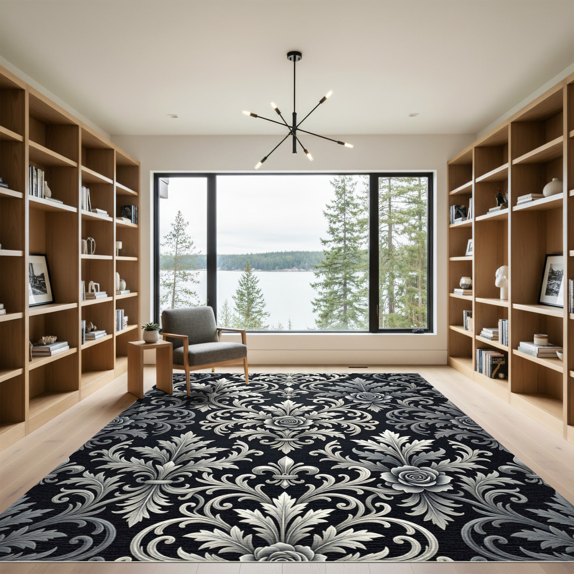 Black Silver Damask Rose Foliage Scrolls Rug