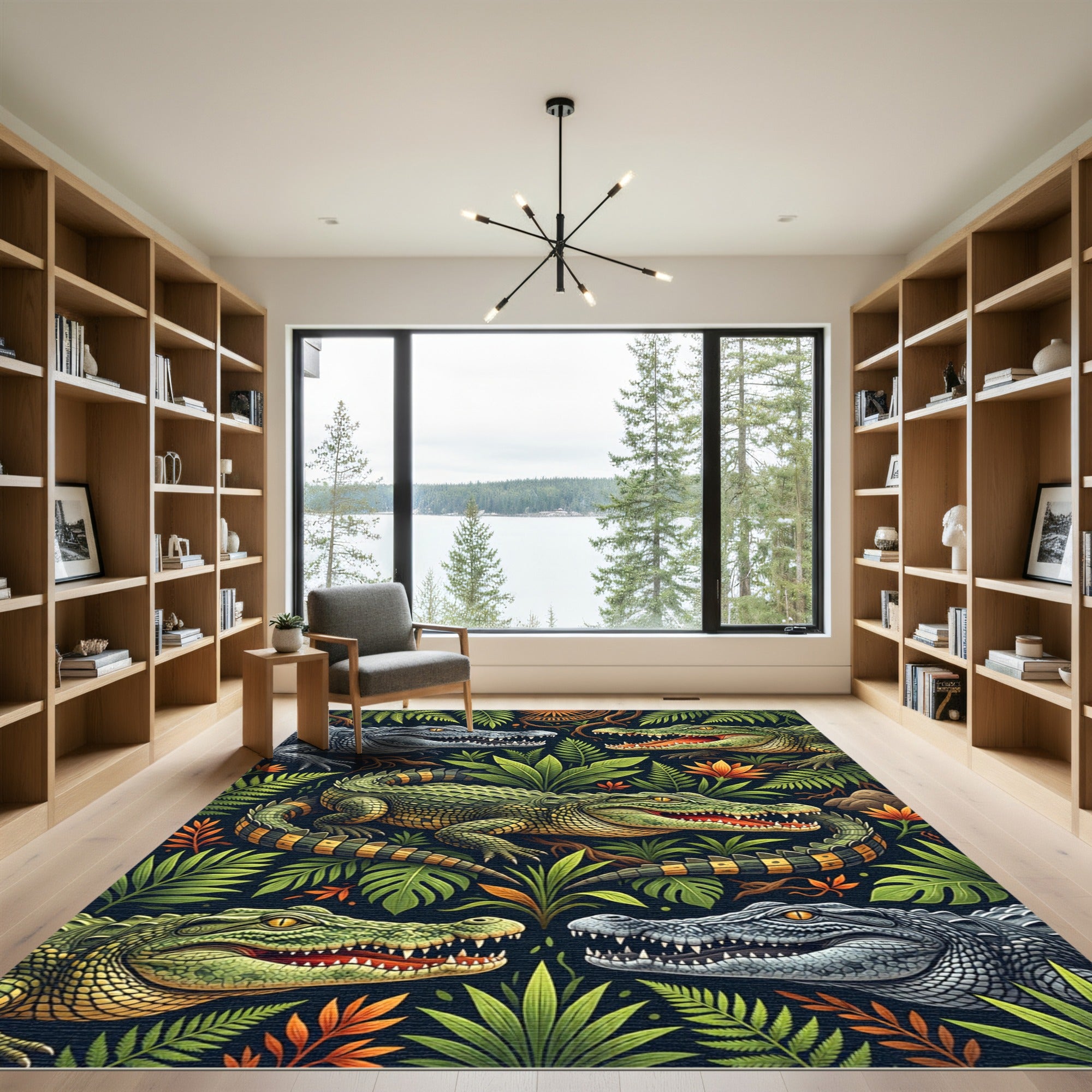 Vibrant Tropical Crocodile Foliage Jungle Art Rug