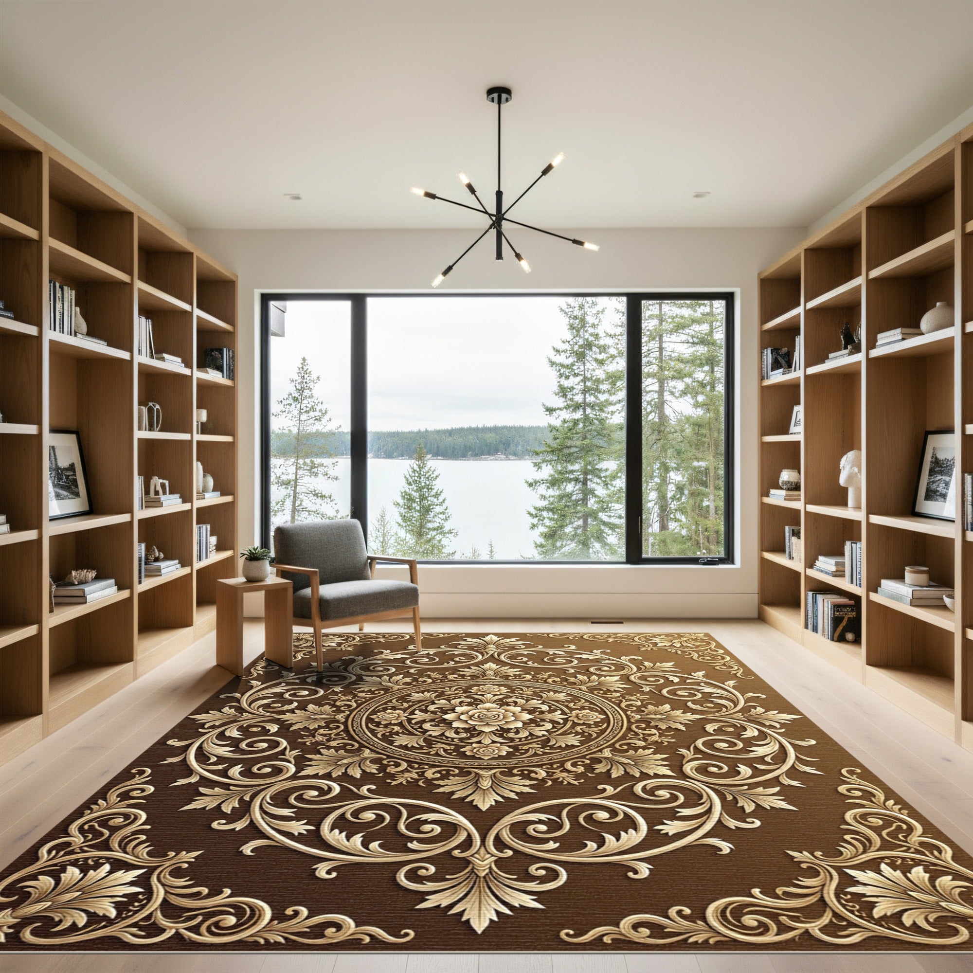 Ornate Gold Floral Medallion Chocolate Rug