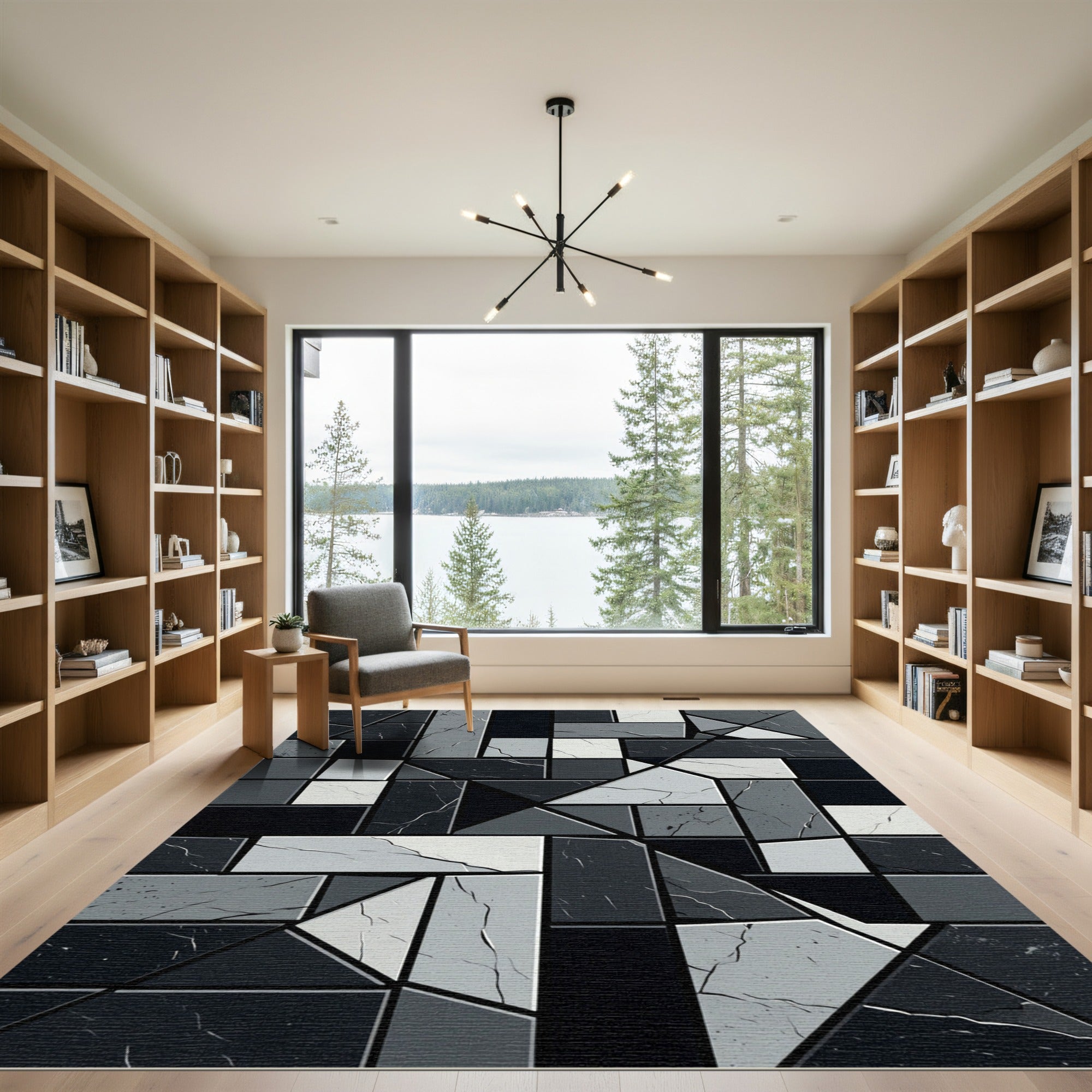 Monochrome Geometric Abstract Stone Mosaic Rug