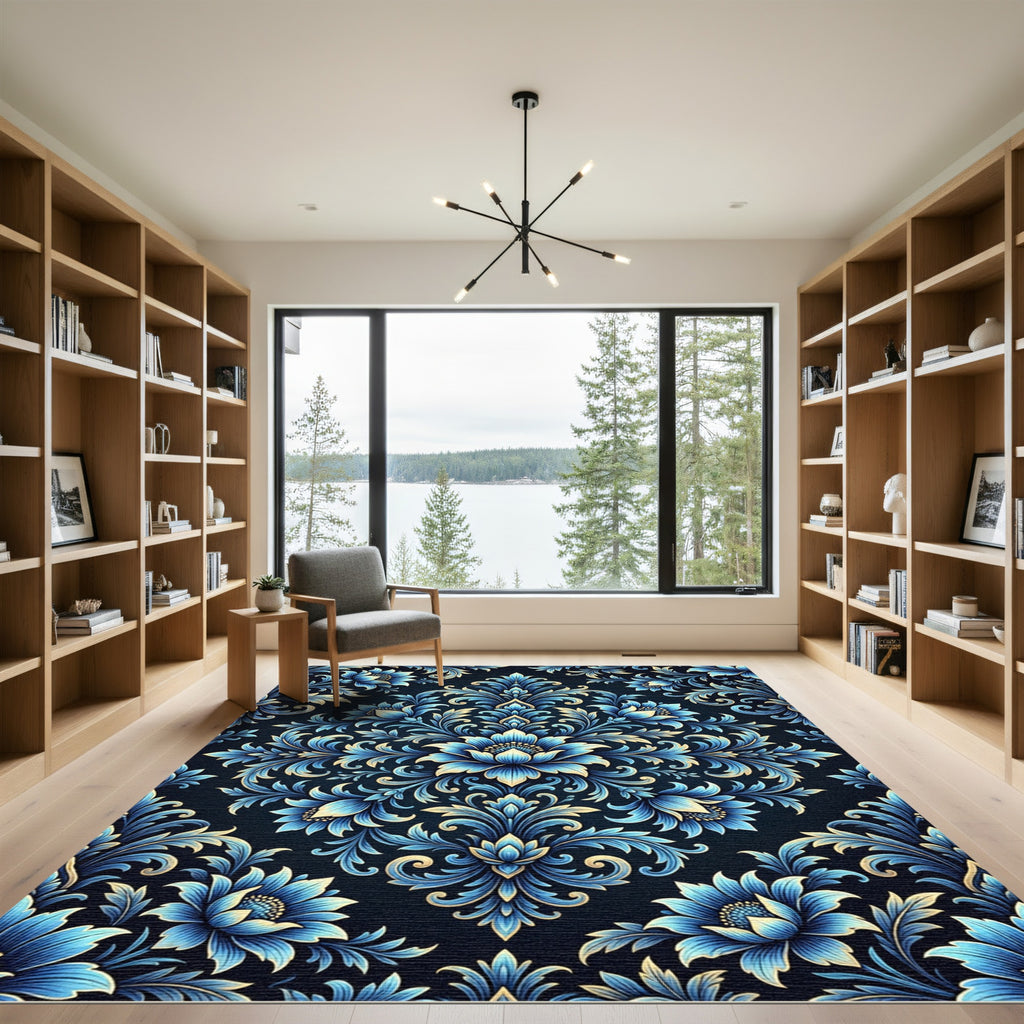 Blue Floral Damask Ornate Medallion Rug