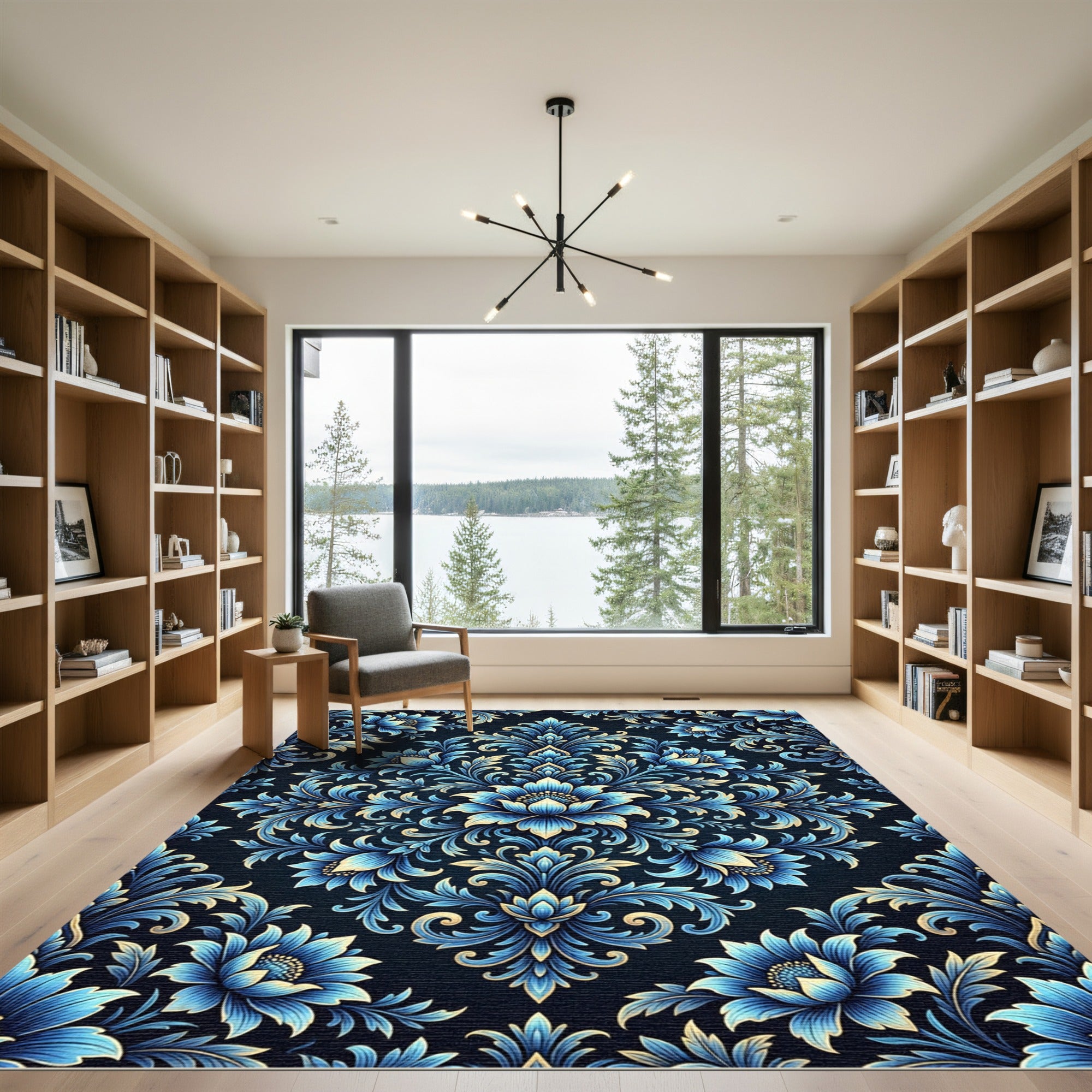 Blue Floral Damask Ornate Medallion Rug