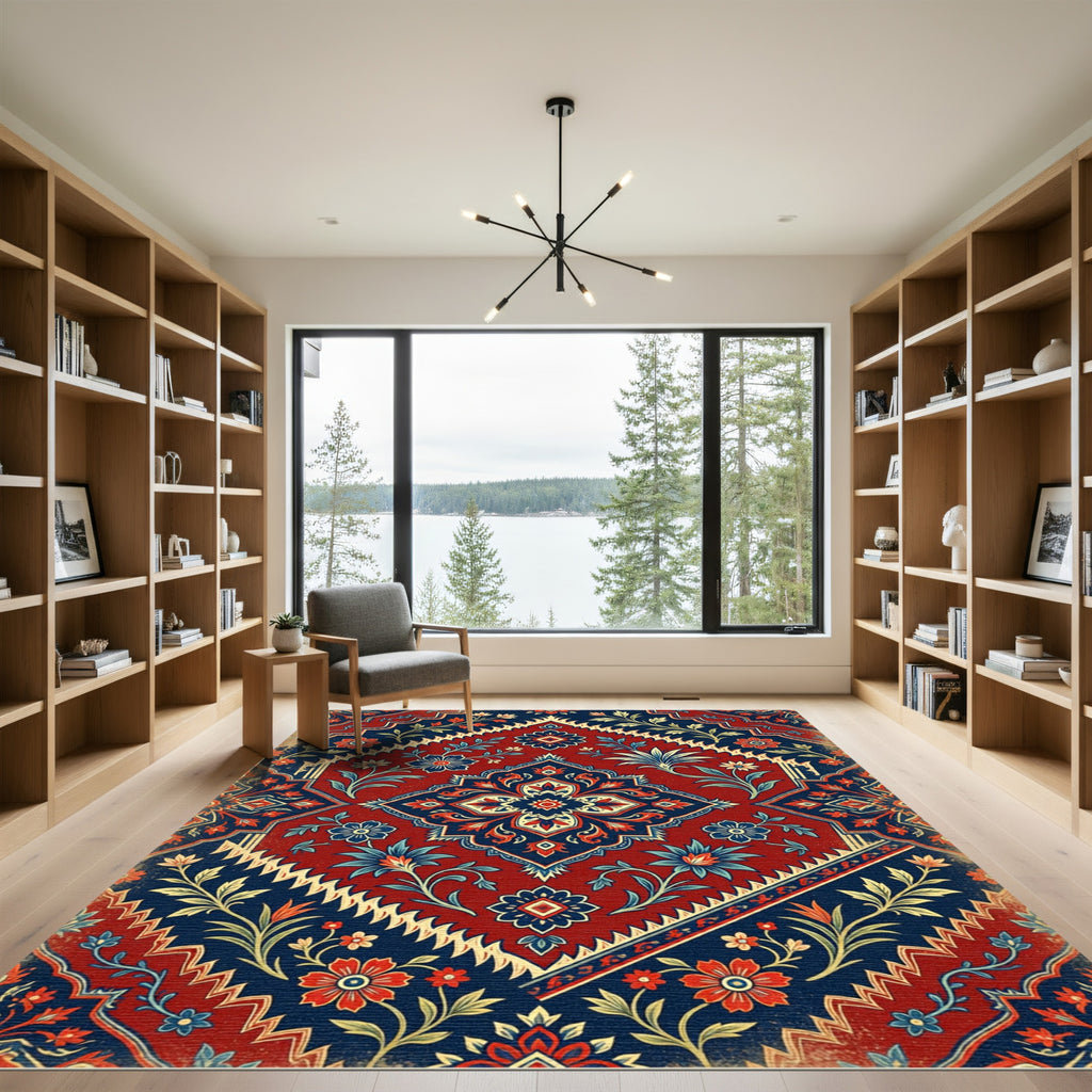 Crimson Navy Floral Garden Medallion Rug