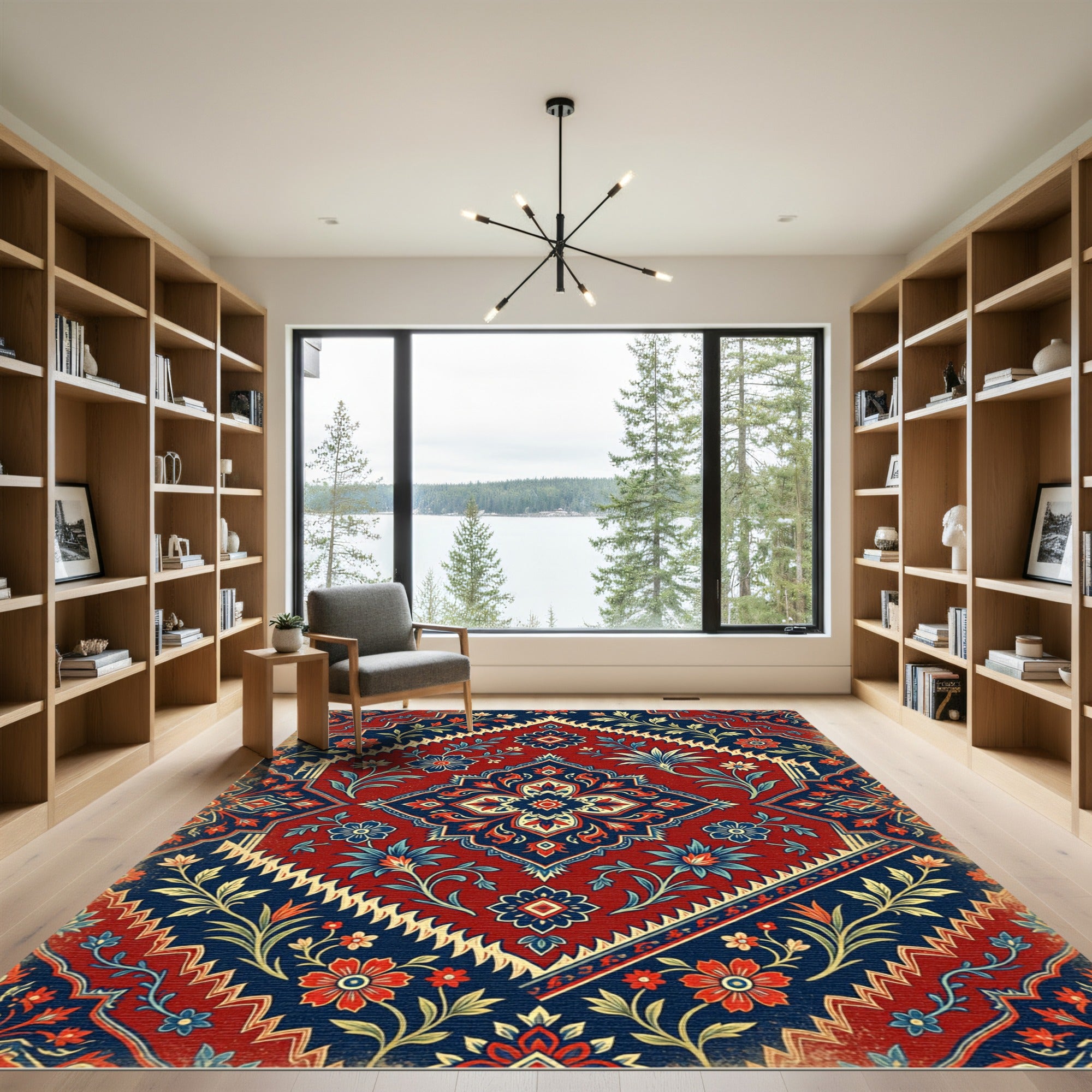 Crimson Navy Floral Garden Medallion Rug