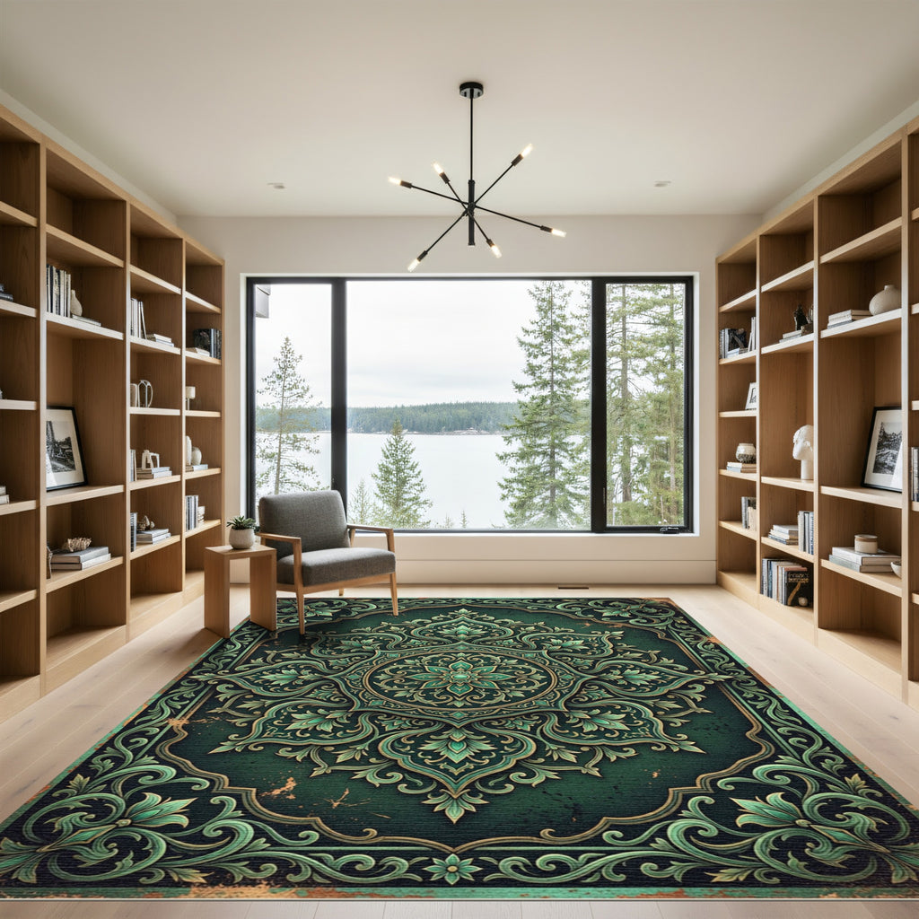 Emerald Ornate Floral Medallion Scroll Rug