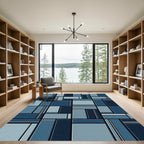 Modern Geometric Blue Tonal Block Grid Rug