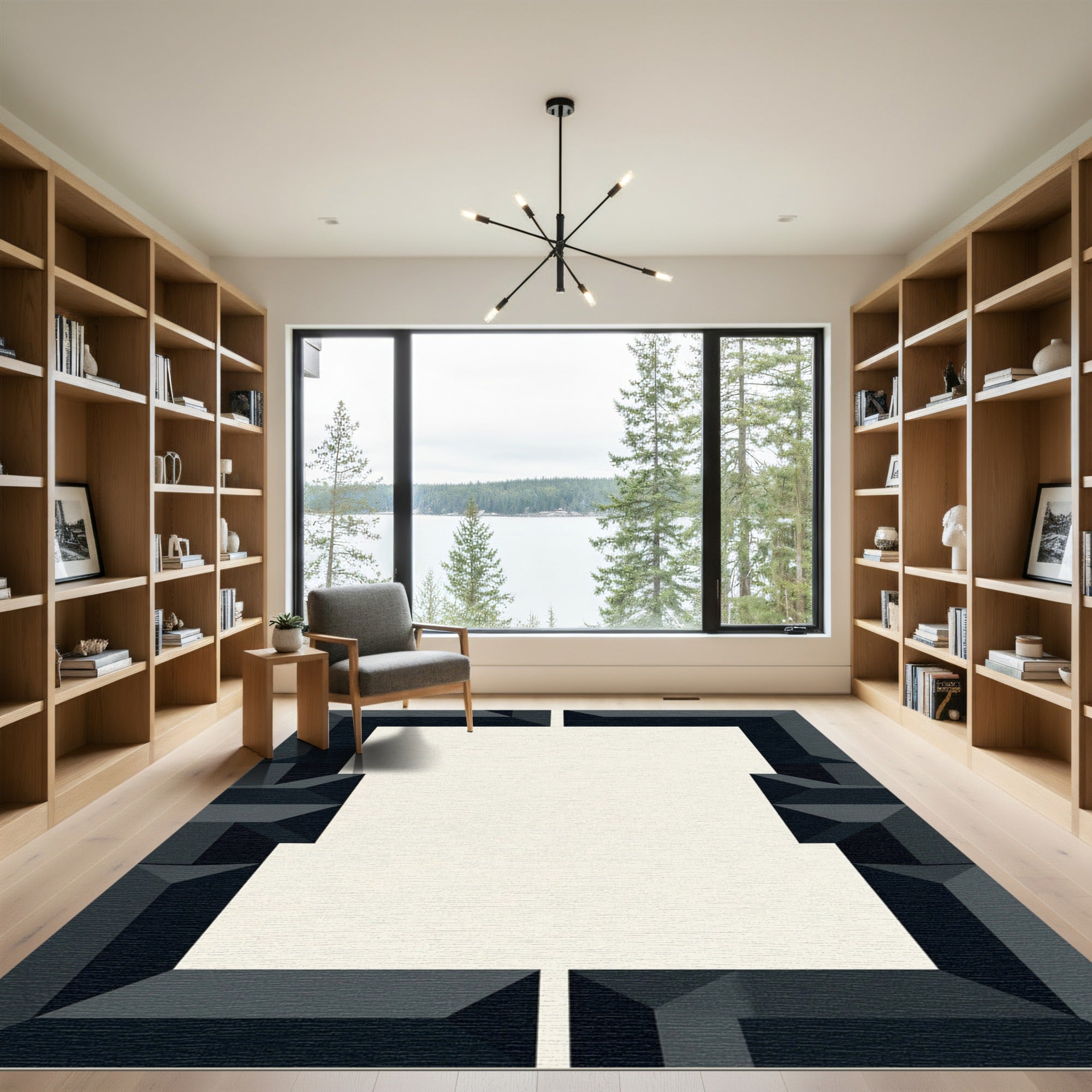 Dark Gray Geometric Abstract Frame Rug