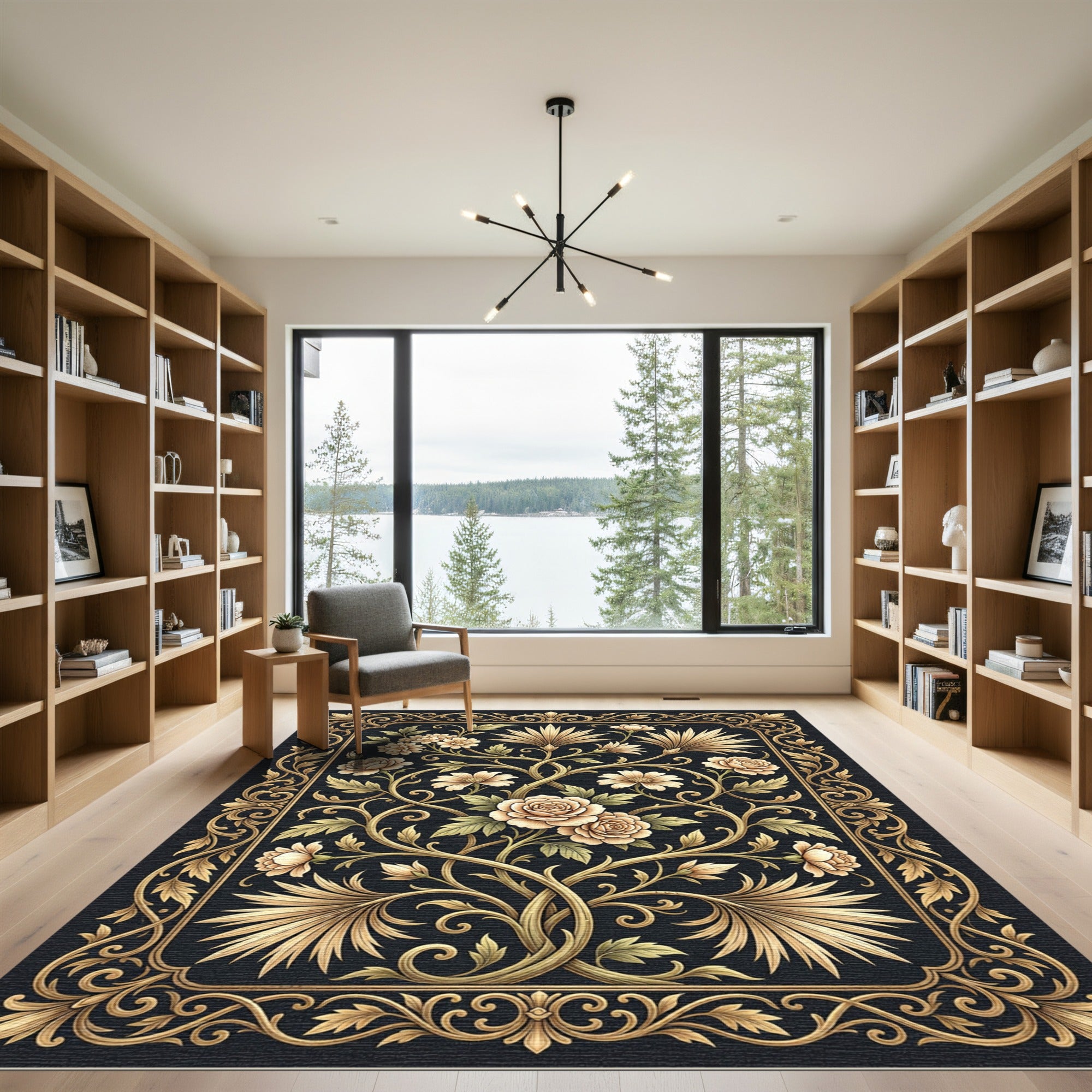 Golden Rose Vine Bordered Botanical Medallion Rug
