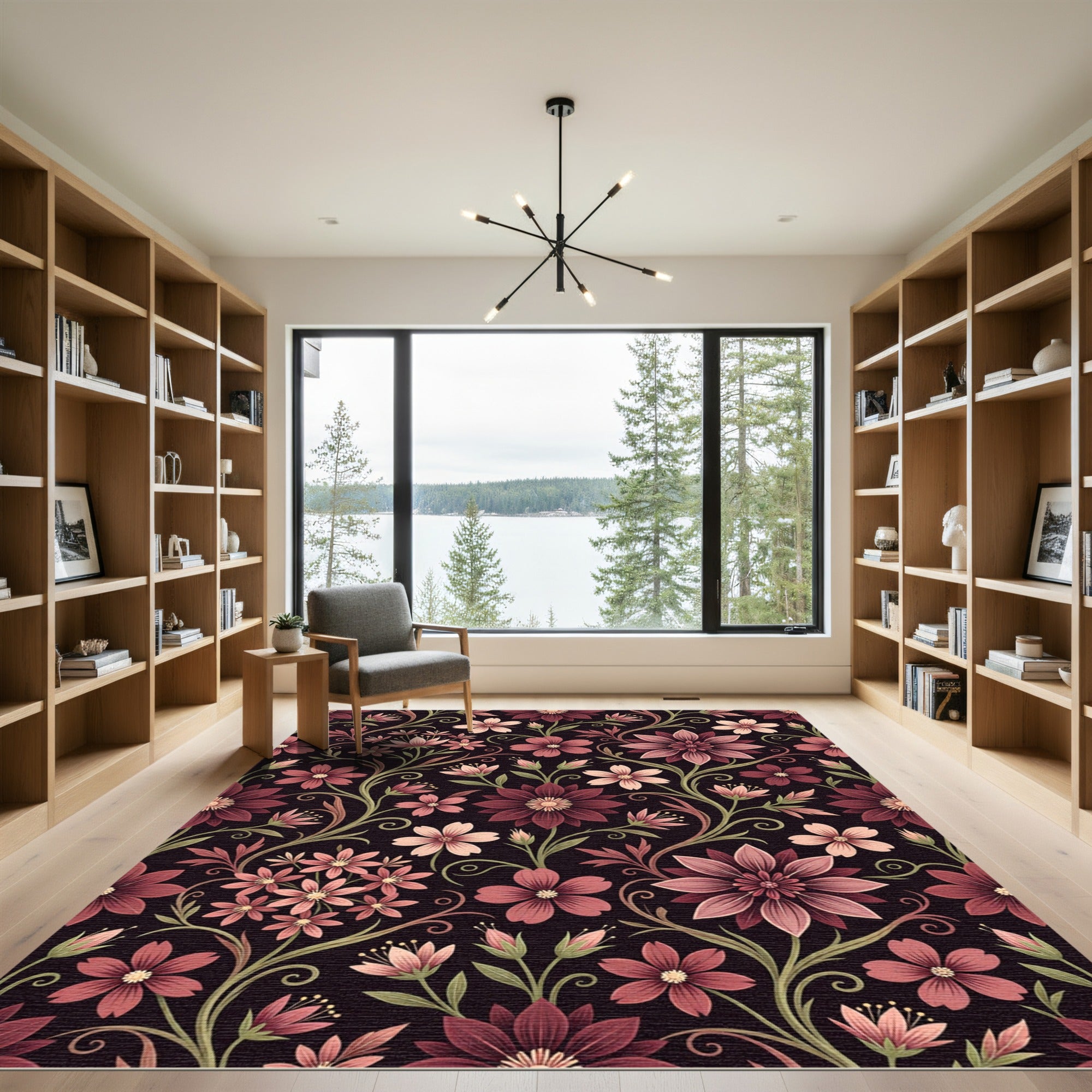 Dark Burgundy Floral Moody Botanical Illustration Rug