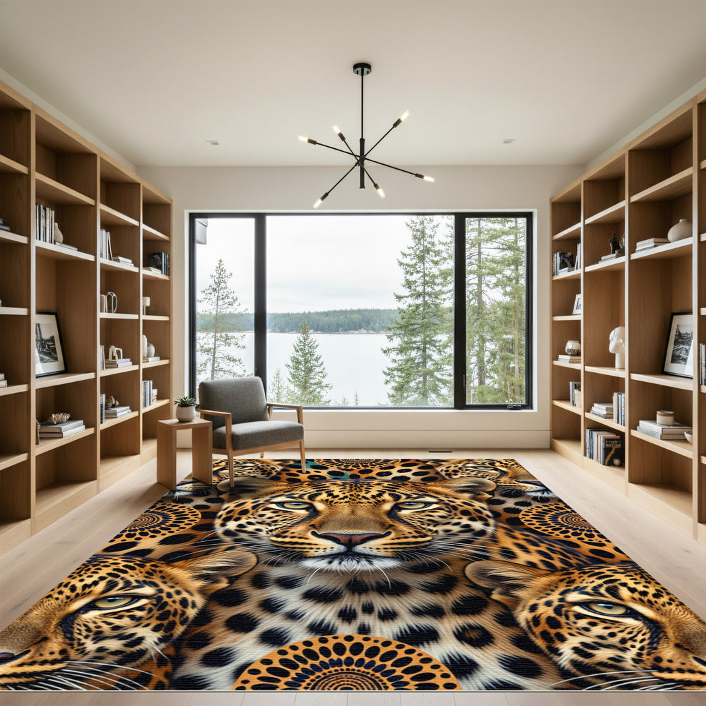 Exotic Leopard Face Sunburst Collage Rug
