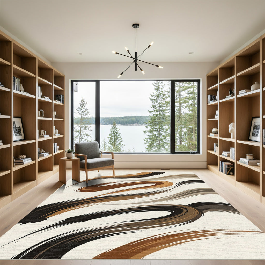 Earthy Brown Swirling Abstract Strokes Rug