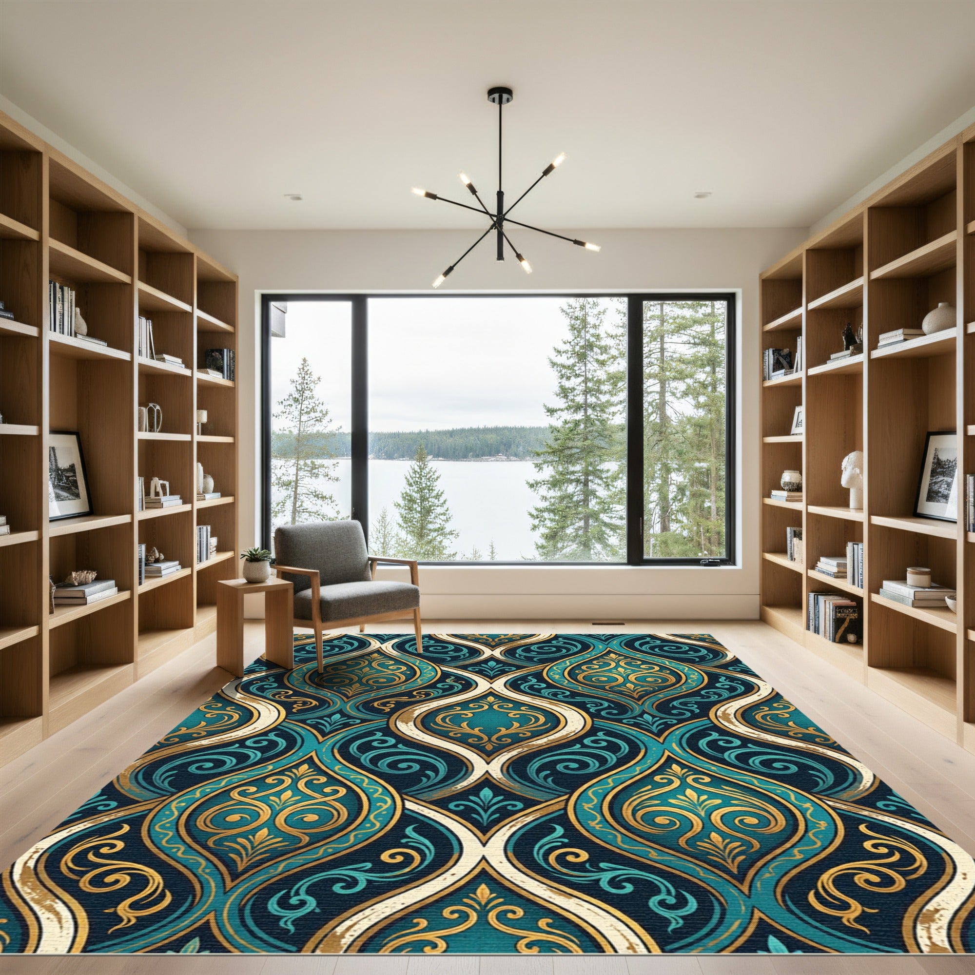 Elegant Teal and Gold Damask Swirl Rug
