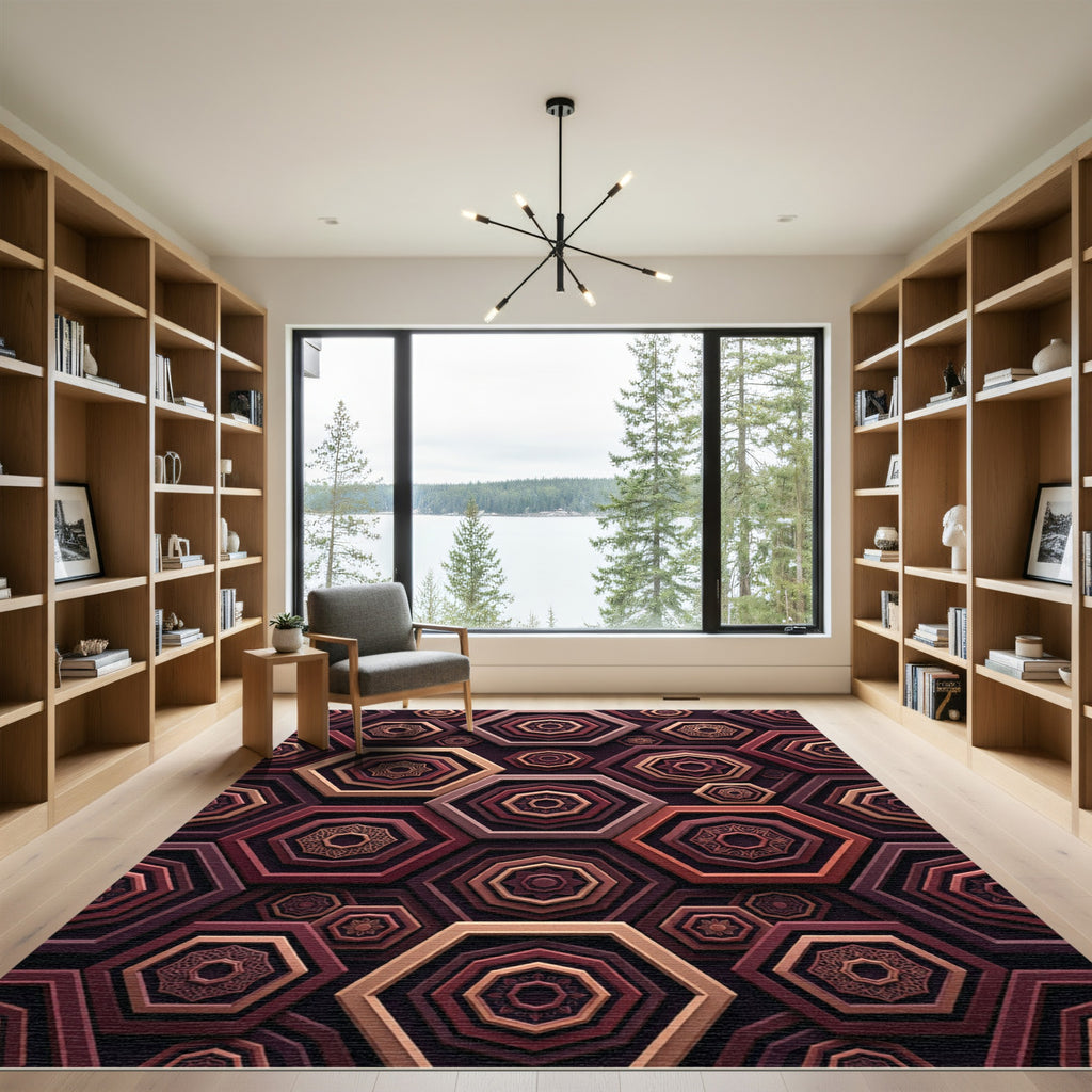 Geometric Crimson Octagon Hexagon Layered Art Rug