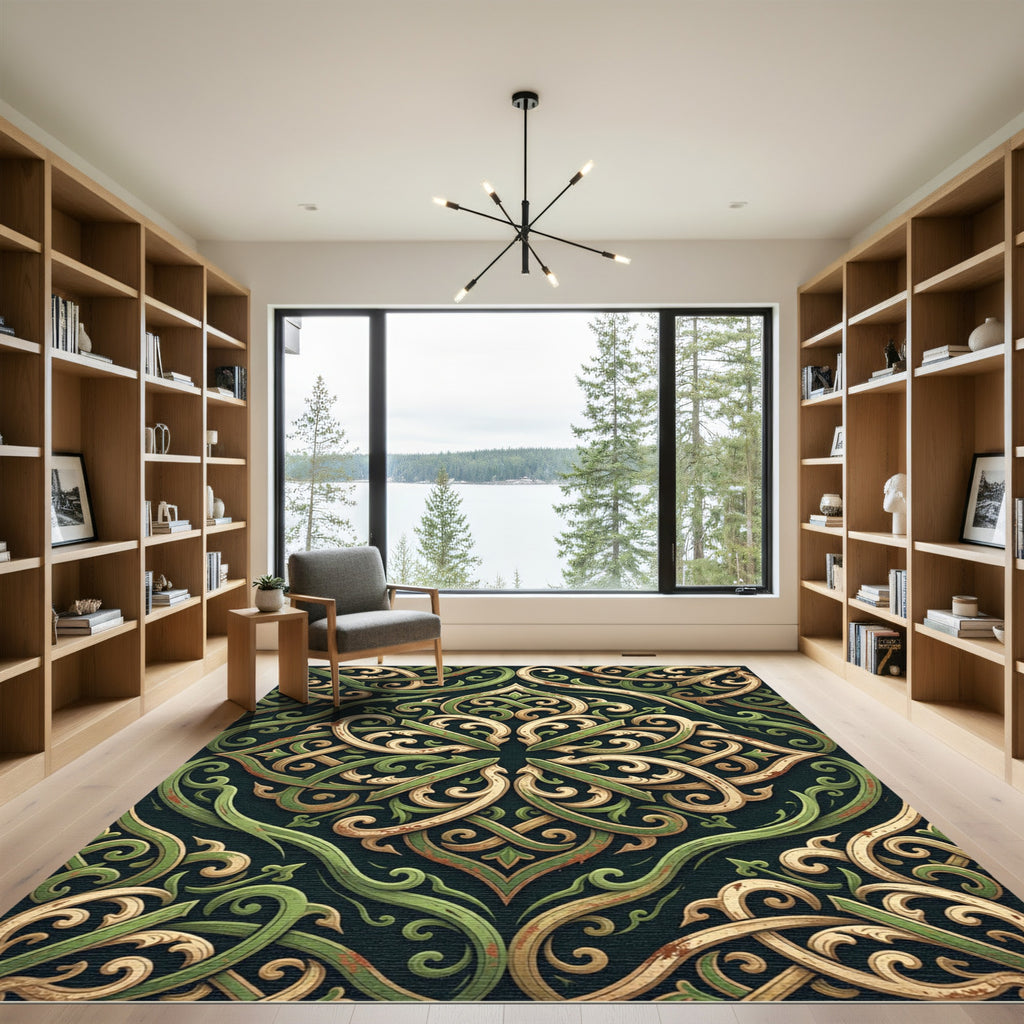 Ornate Olive and Gold Scrollwork Rug