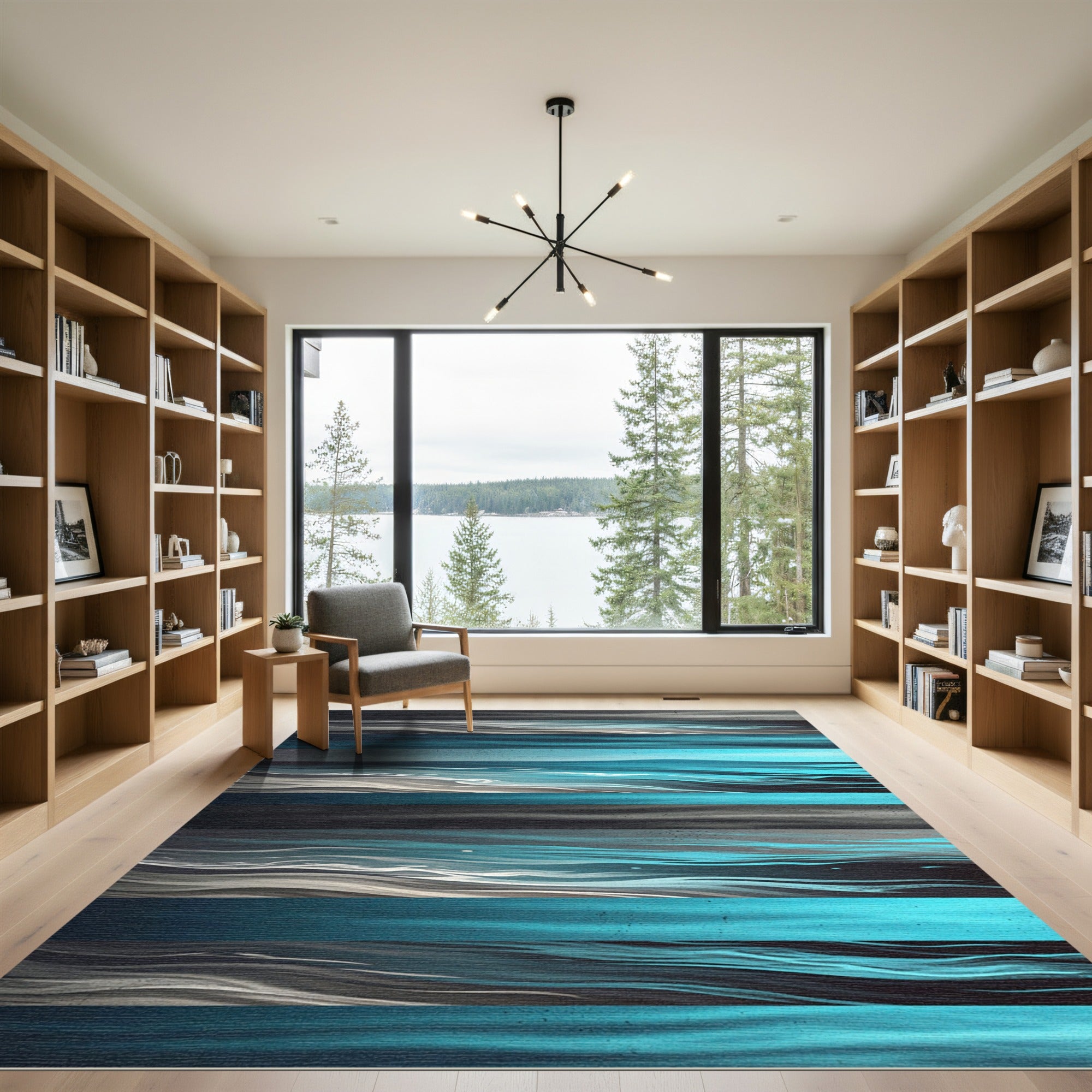 Luminous Teal and Charcoal Abstract Waves Rug