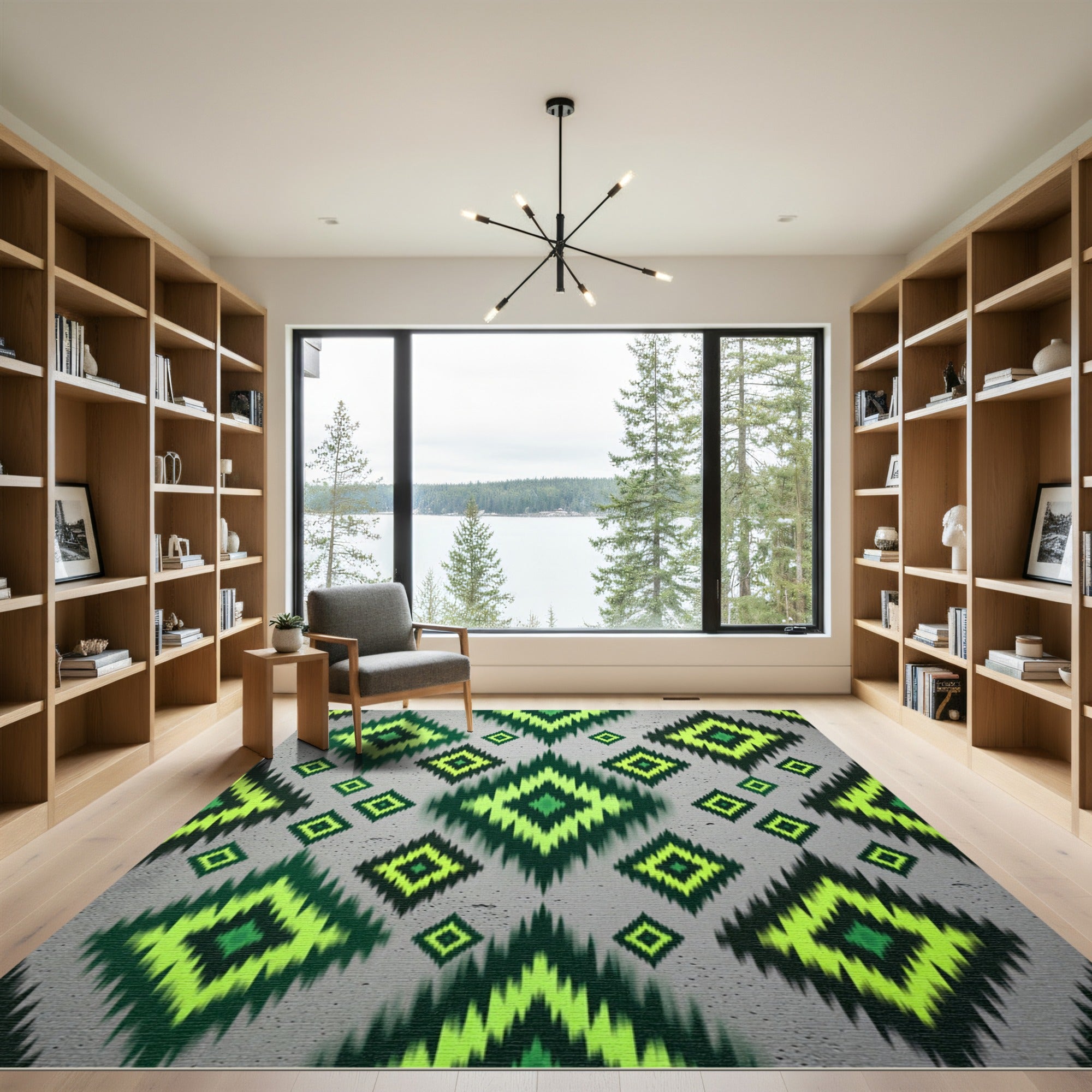 Vibrant Neon Green Ikat Diamond Rug