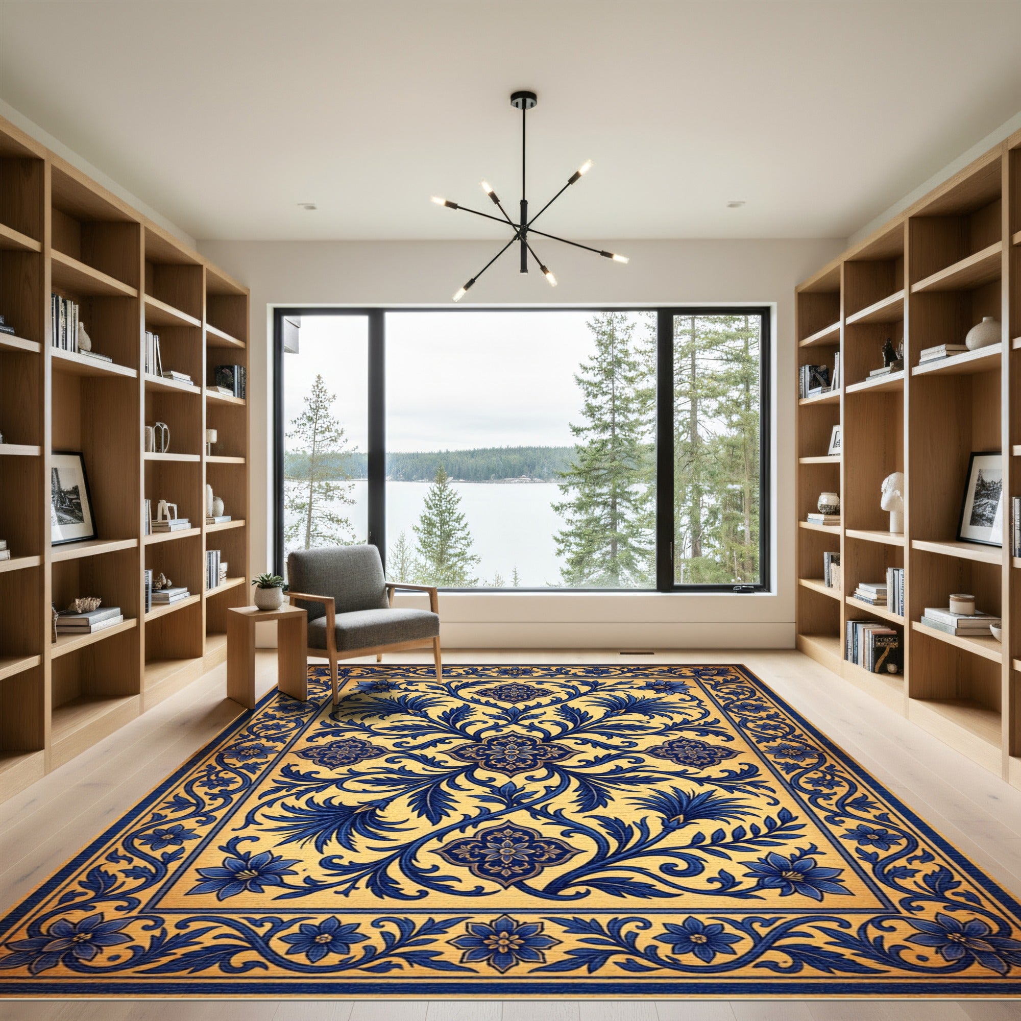 Ornate Cobalt Blue Floral Scroll Medallion Rug