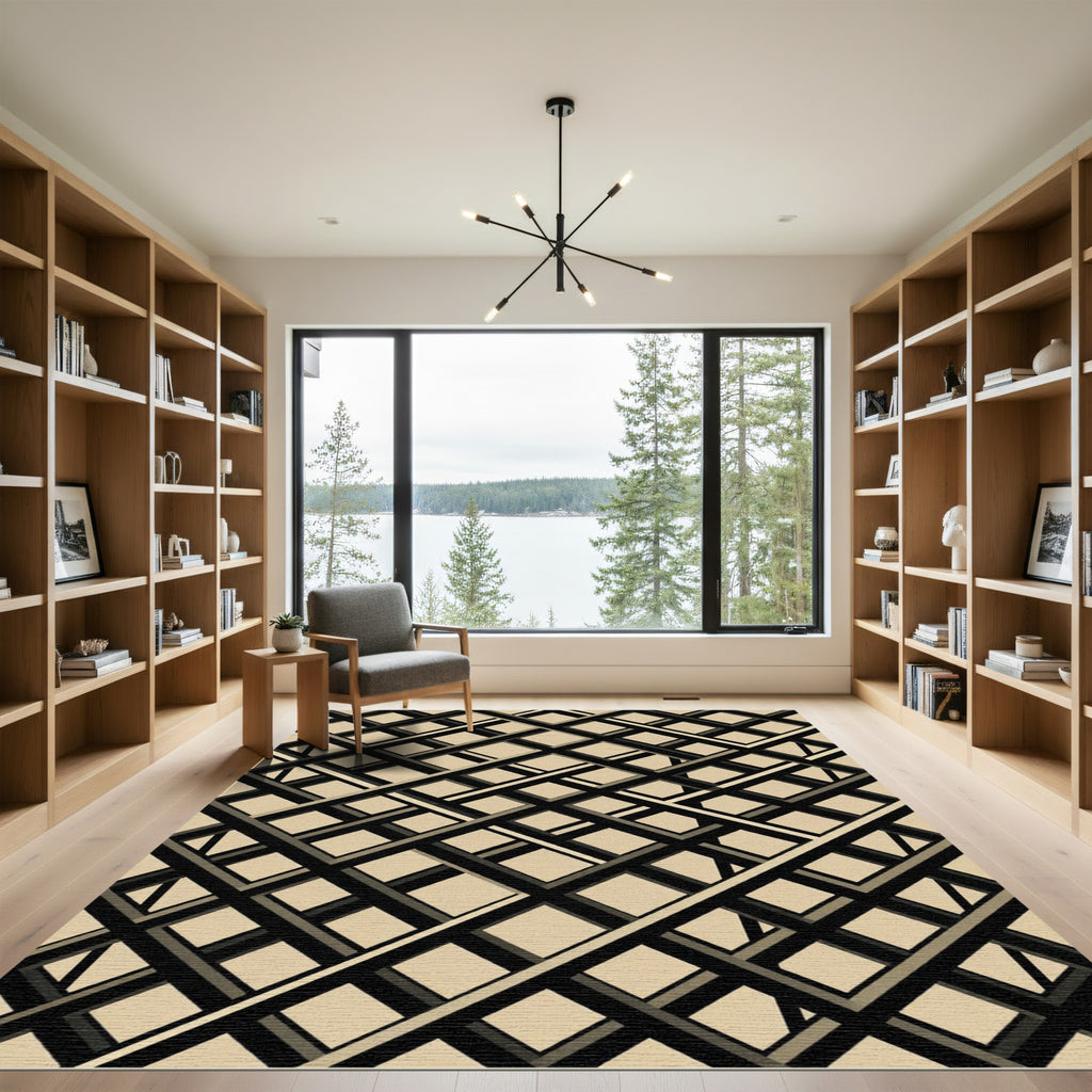 Sophisticated Beige Black Intersecting Grid Rug