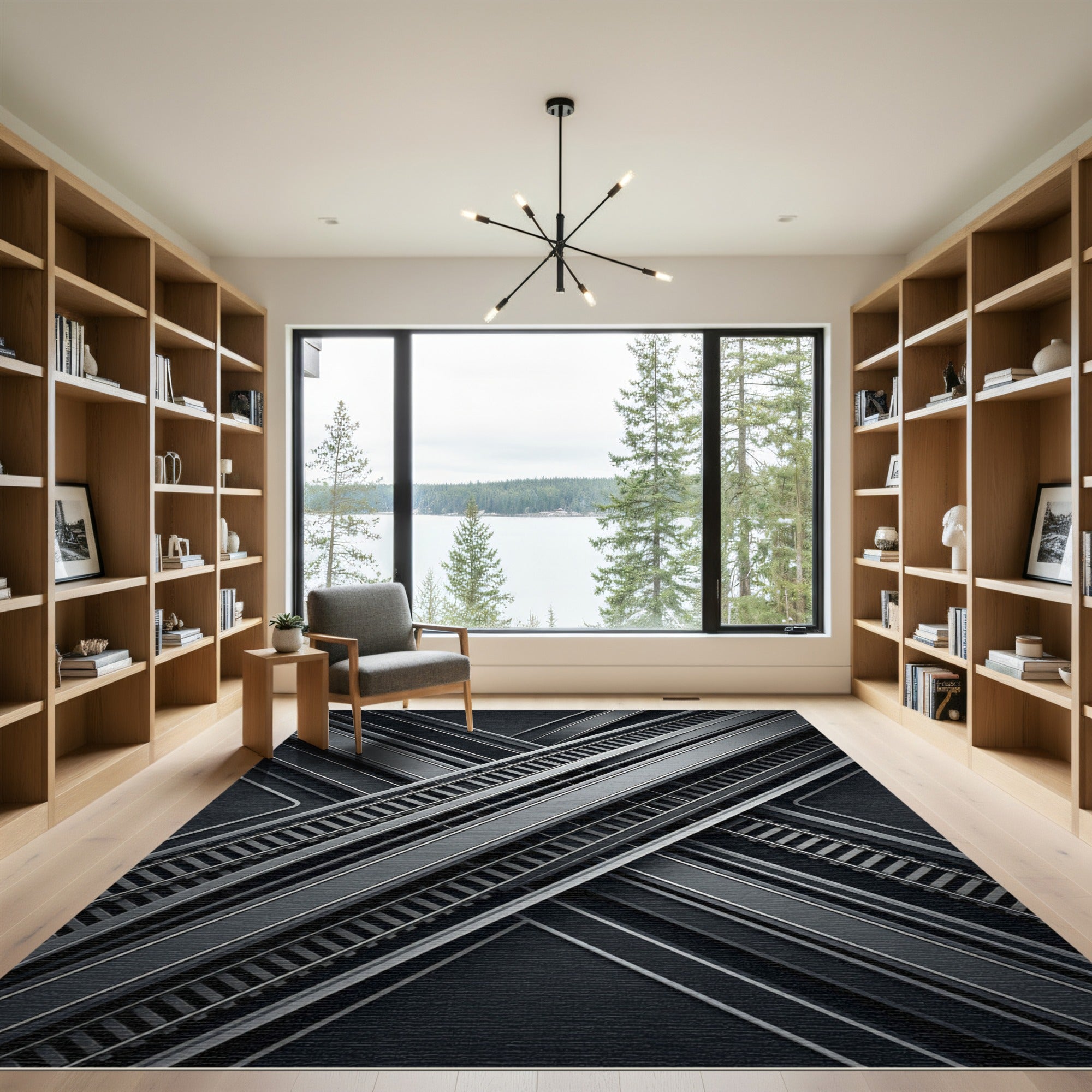 Dark Gray Intersecting Railway Lines Rug