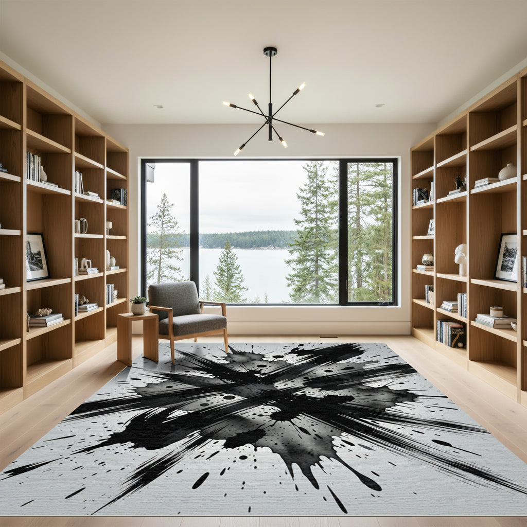 Monochromatic Black Ink Splash Abstract Rug