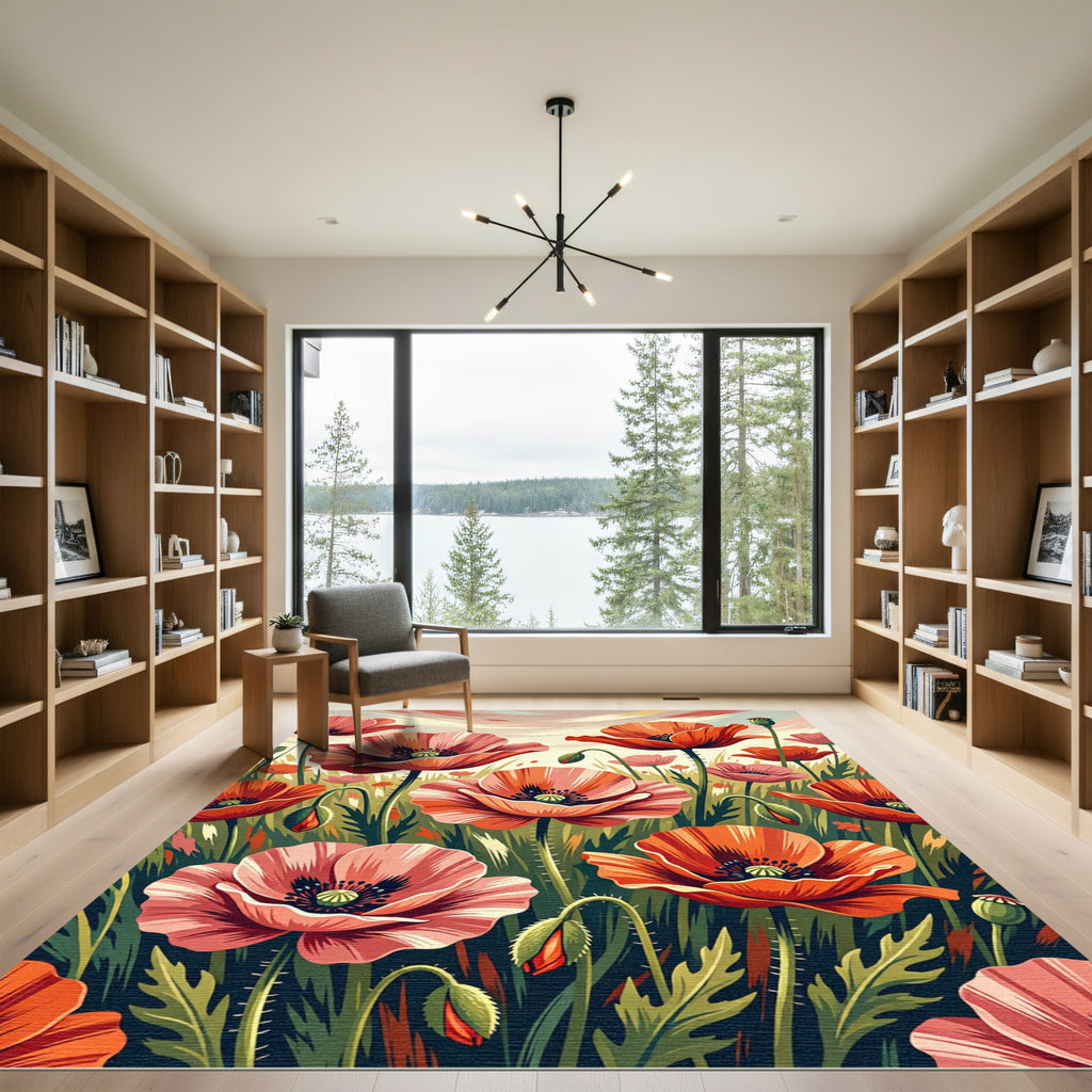 Vibrant Red Poppy Field Botanical Rug