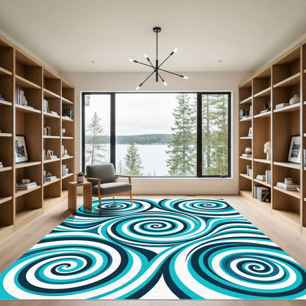 Dynamic Teal Blue Swirl Vortex Rug