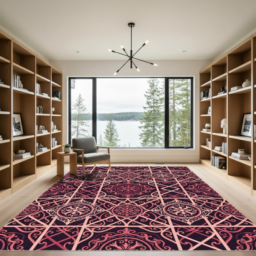 Ornate Crimson Floral Lattice Rug