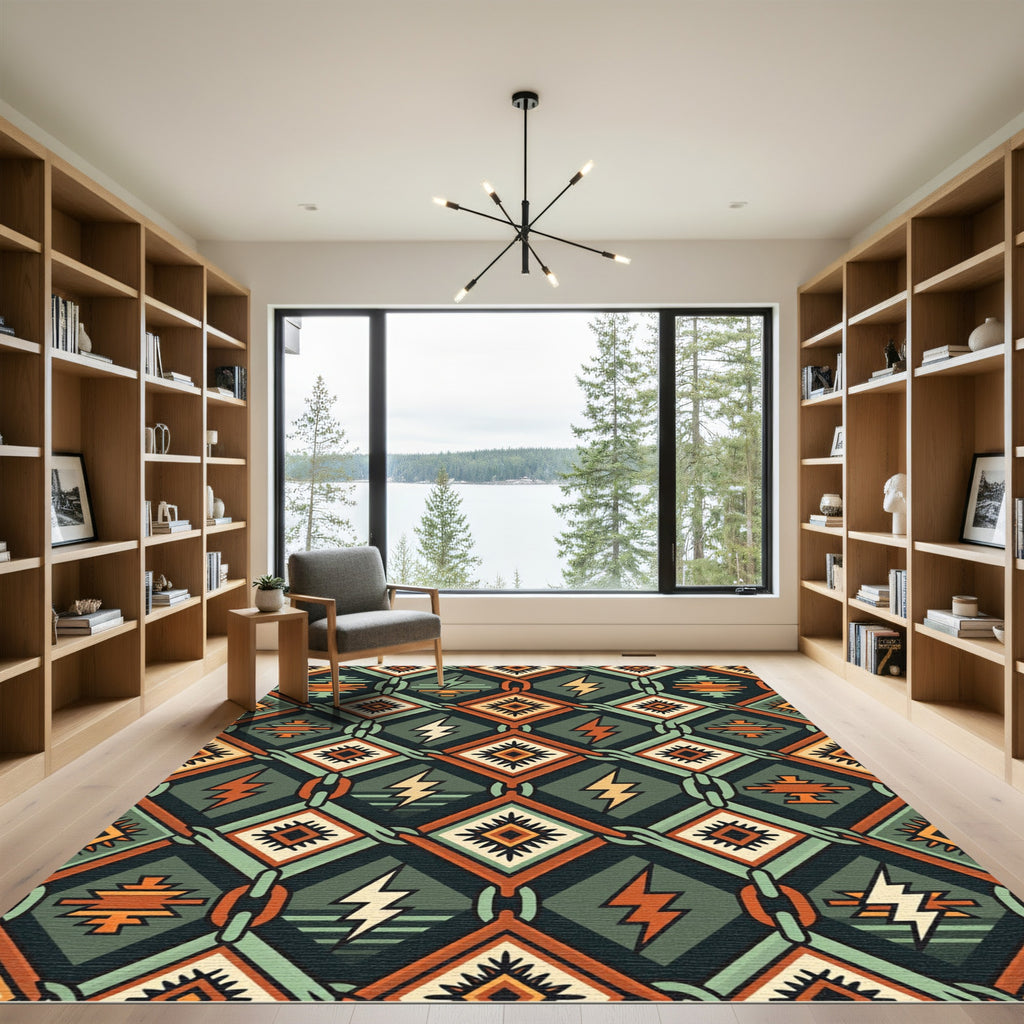 Geometric Southwestern Lightning Bolt Iron Chain Rug