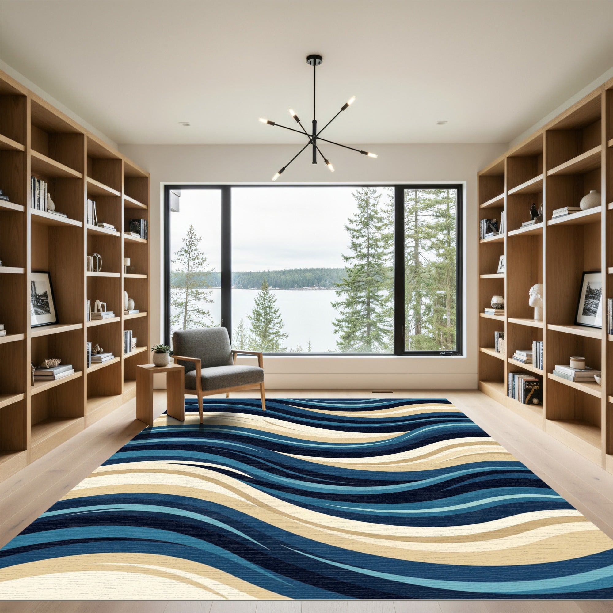 Abstract Navy and Cream Flowing Wave Rug