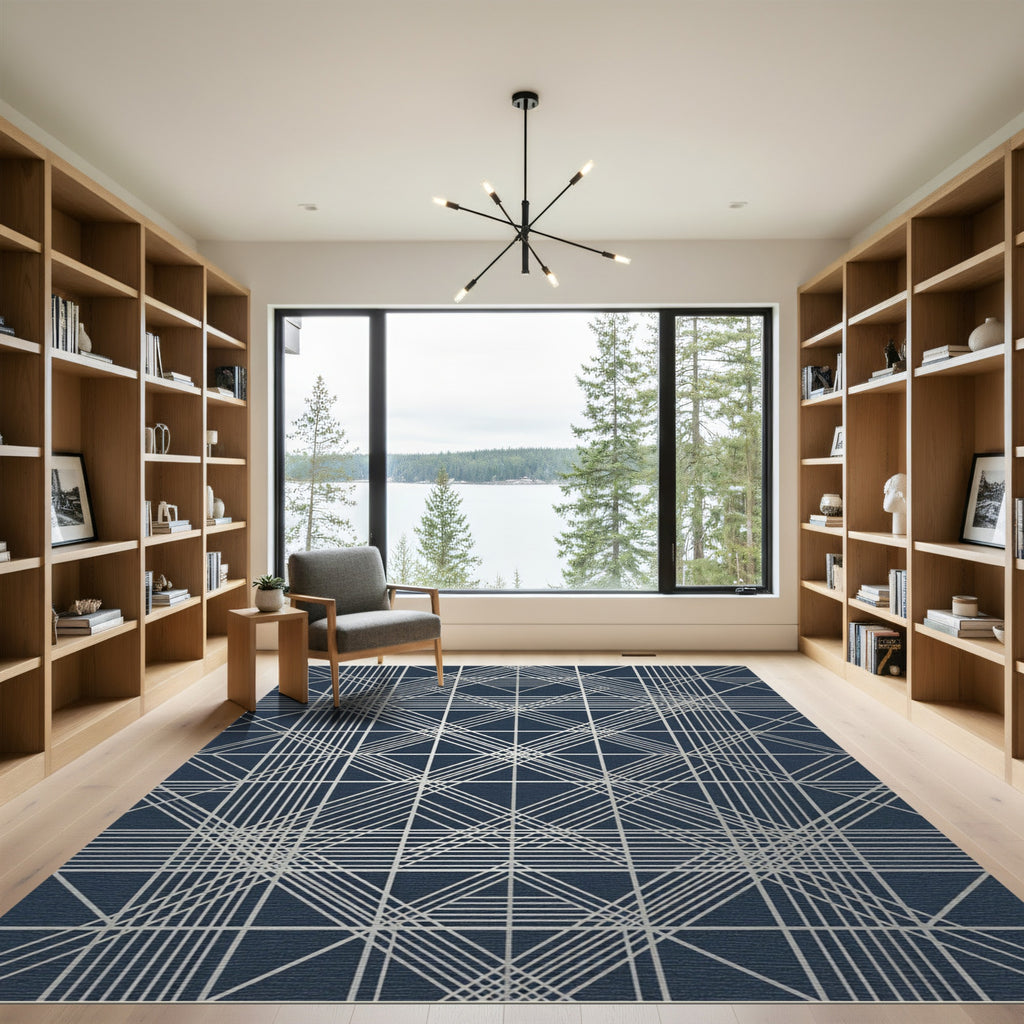 Silver Geometric Lattice Navy Rug