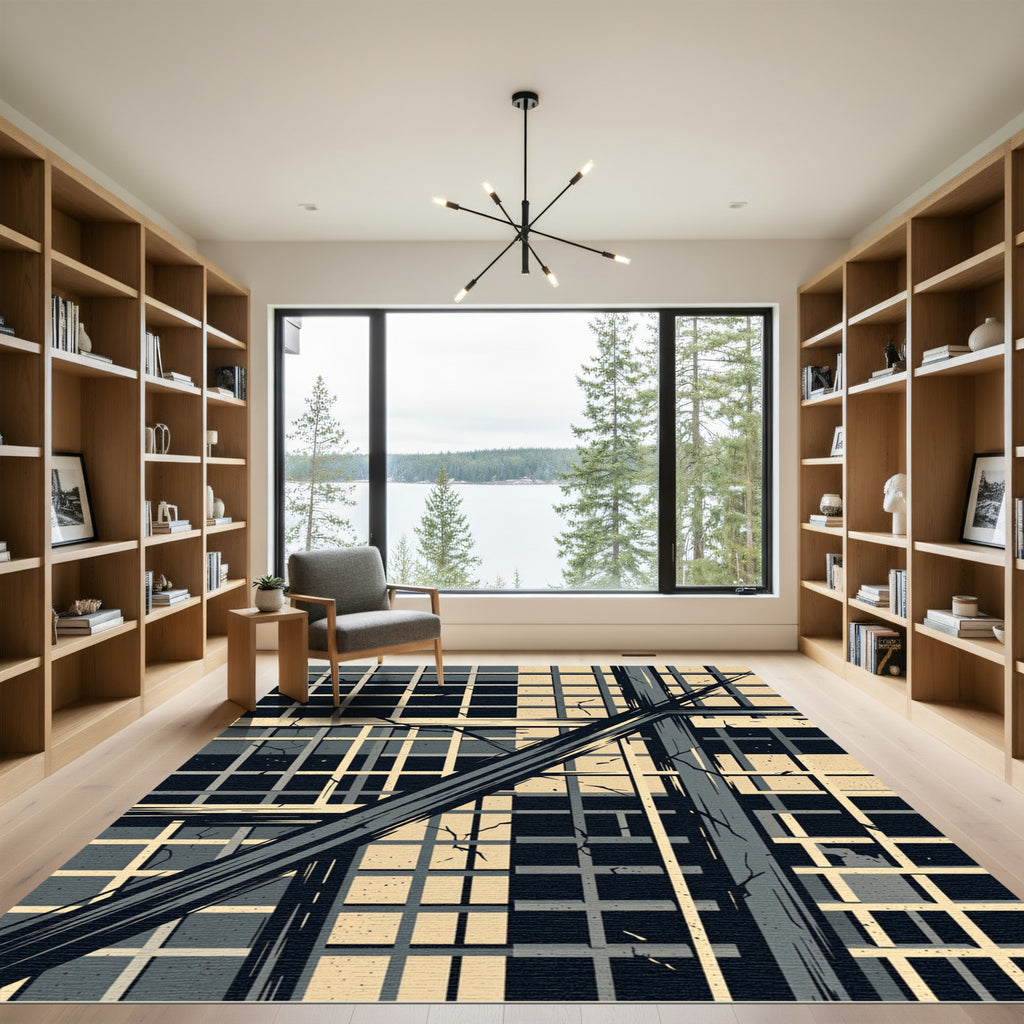 Abstract Charcoal Cream Geometric Linear Grid Rug