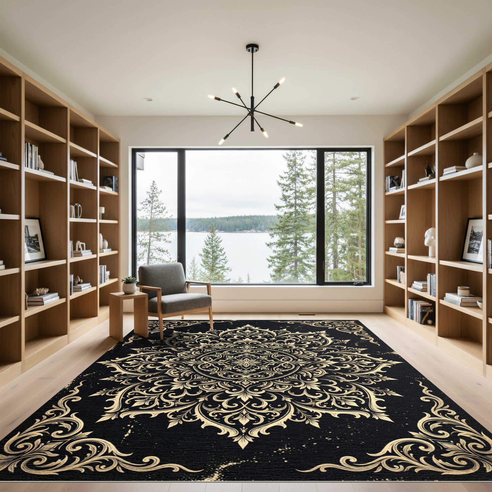 Ornate Golden Filigree Floral Medallion Rug