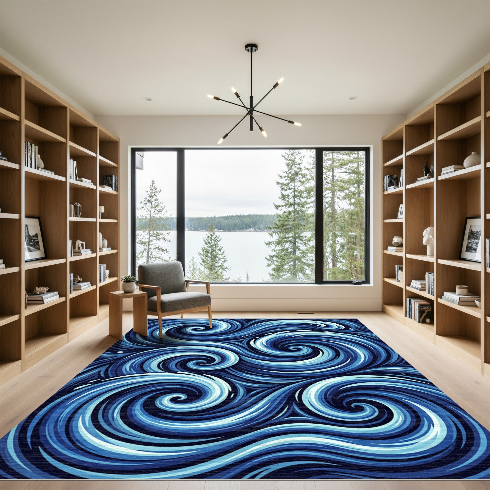Blue Swirling Abstract Ocean Wave Rug