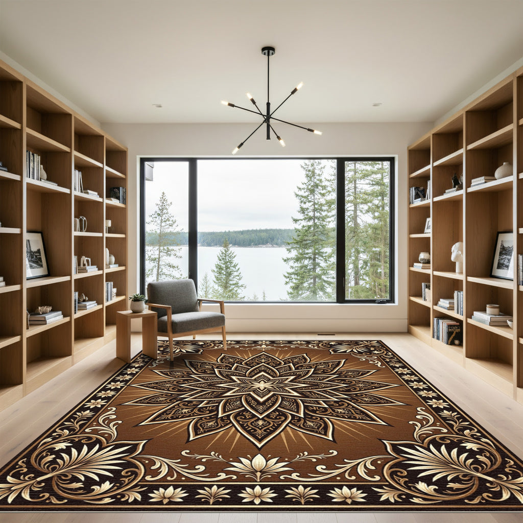 Ornate Bronze Starburst Floral Medallion Rug