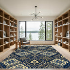 Elegant Navy Gold Ornate Damask Rug