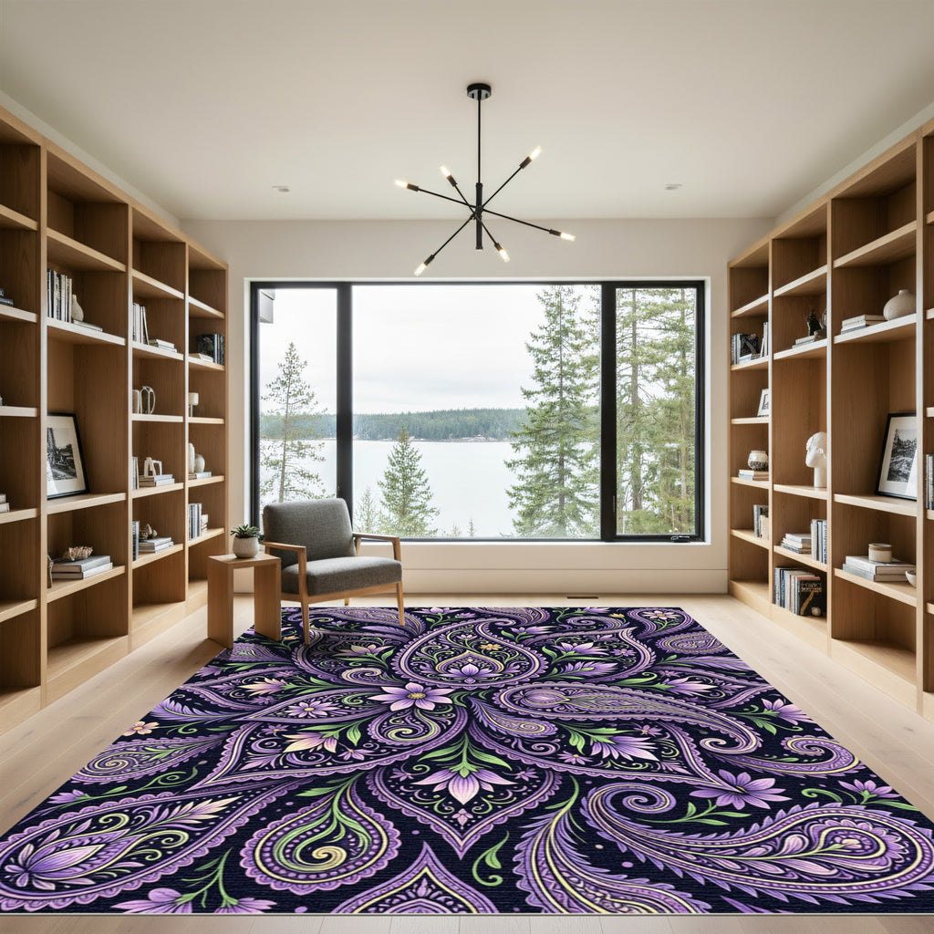 Rich Violet Paisley Floral Swirls Rug