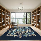Ornate Blue and Cream Foliate Scroll Rug