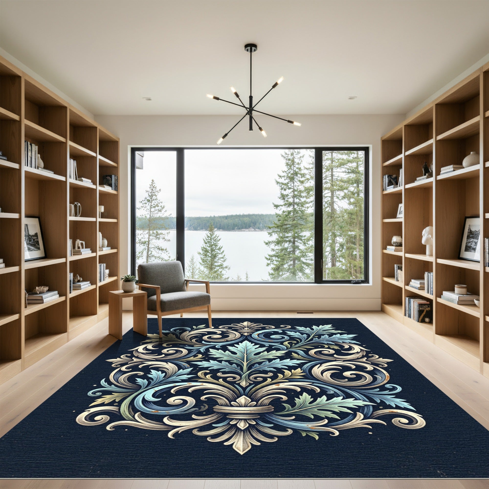 Ornate Blue and Cream Foliate Scroll Rug