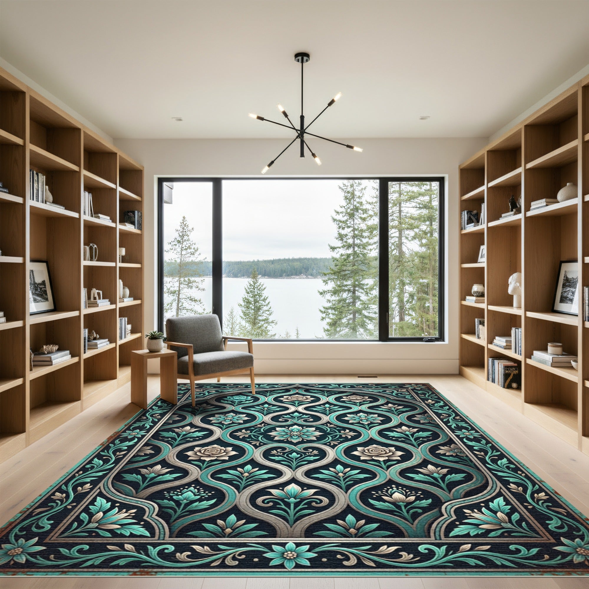 Ornate Teal White Floral Arch Rug