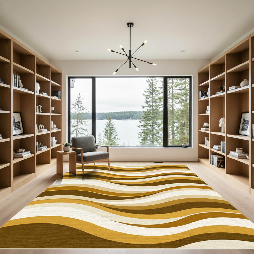 Modern Golden Brown Wavy Stripe Rug