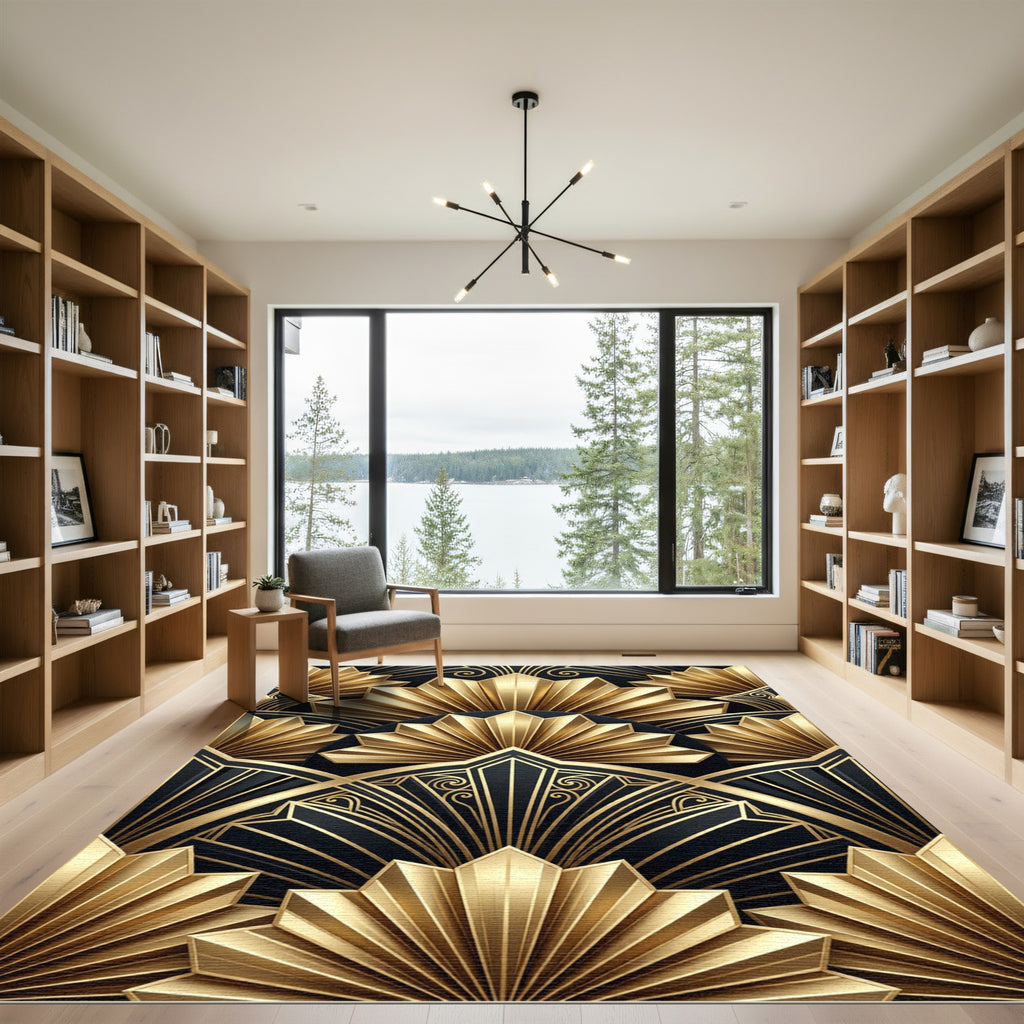Art Deco Gold Fan Geometric Black Rug