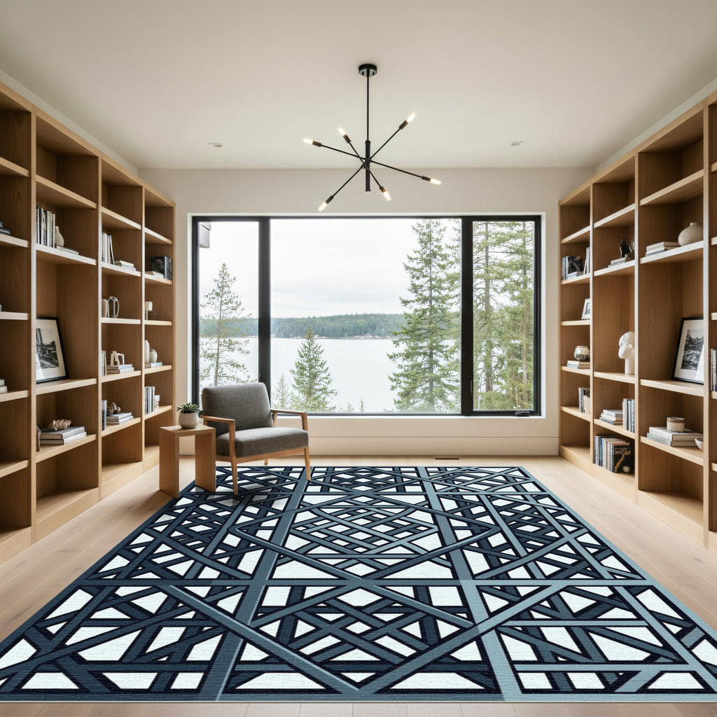 Geometric Slate Blue Interlocking Lattice Rug