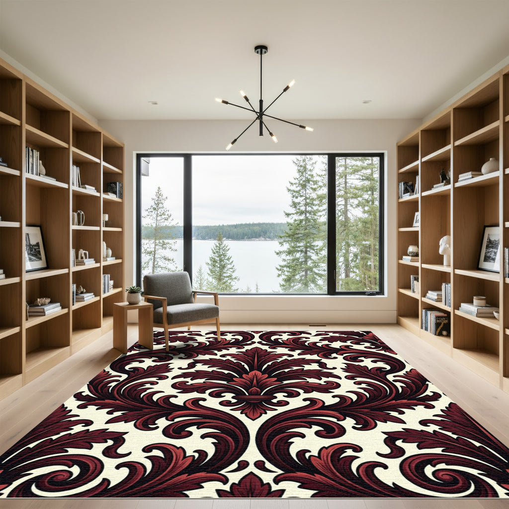 Elegant Burgundy Gothic Damask Scroll Rug
