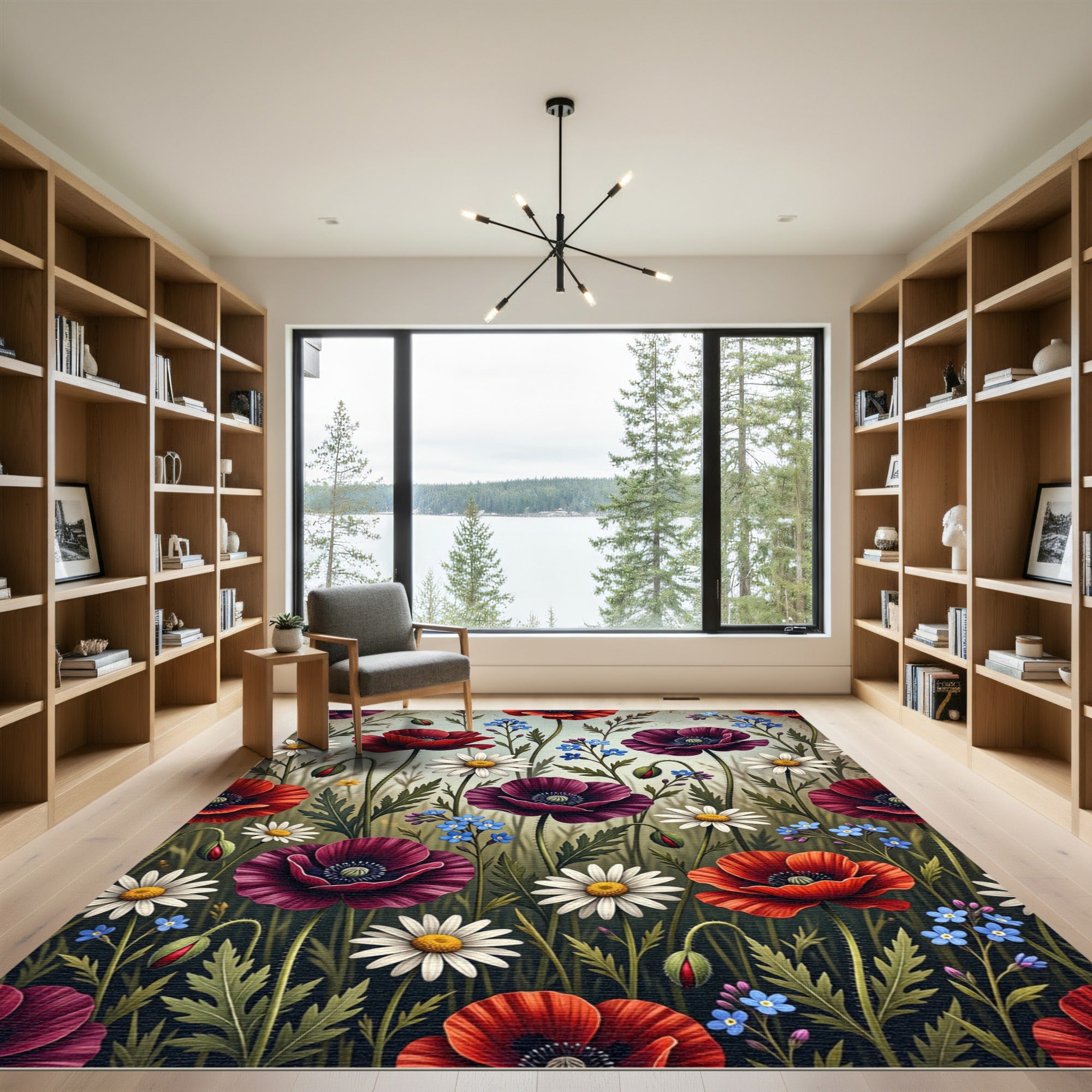 Vibrant Red Plum Poppies Dandelions Rug